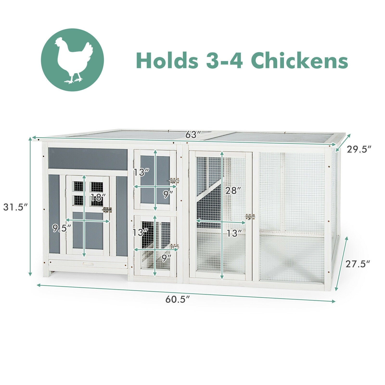 63 Inch Large Wooden Chicken Coop with Run Box and PC Roof