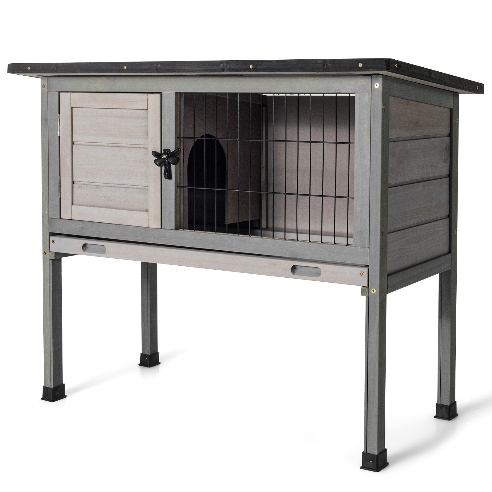 Small Elevated Rabbit Hutch with Hinged Asphalt Roof and Removable Tray