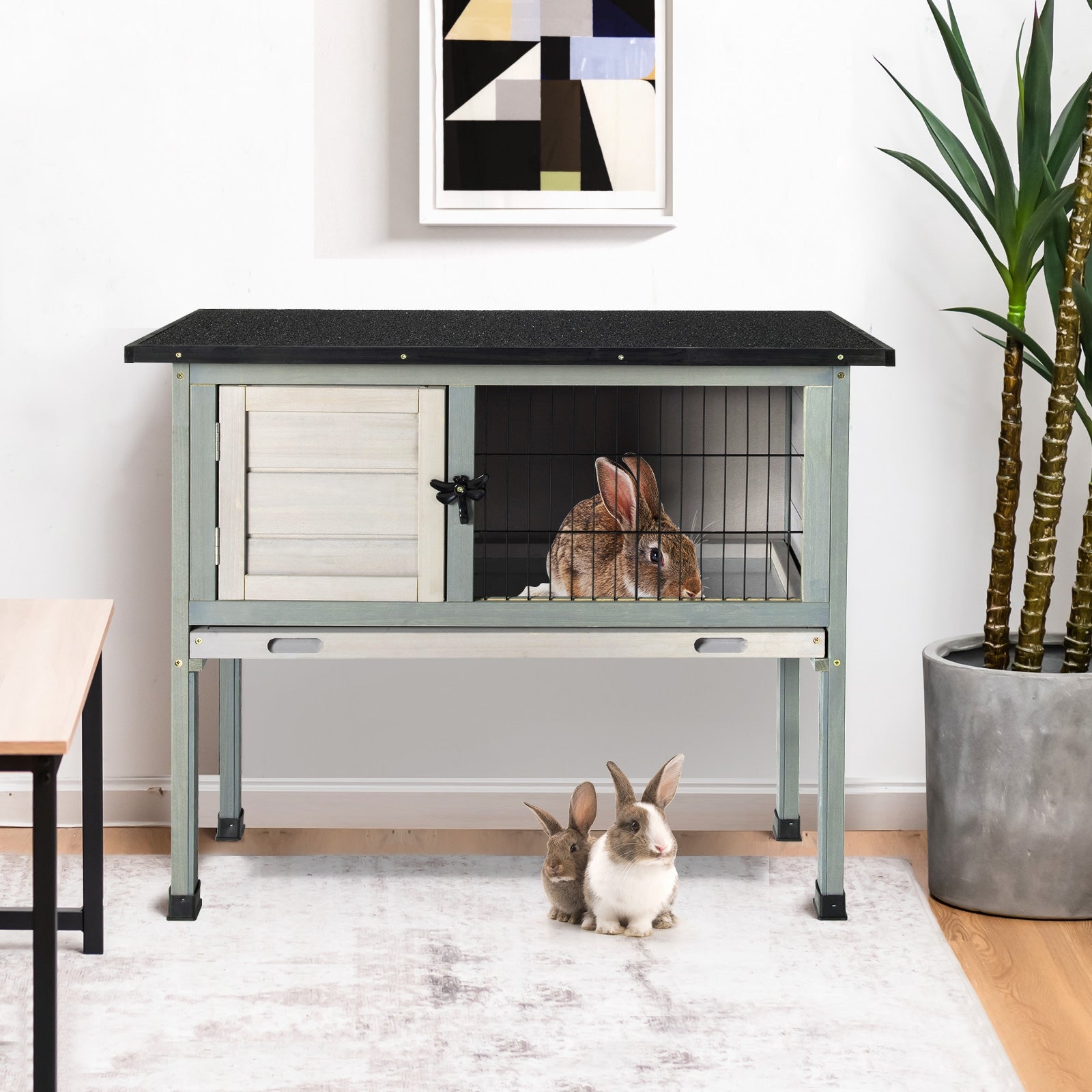 Small Elevated Rabbit Hutch with Hinged Asphalt Roof and Removable Tray