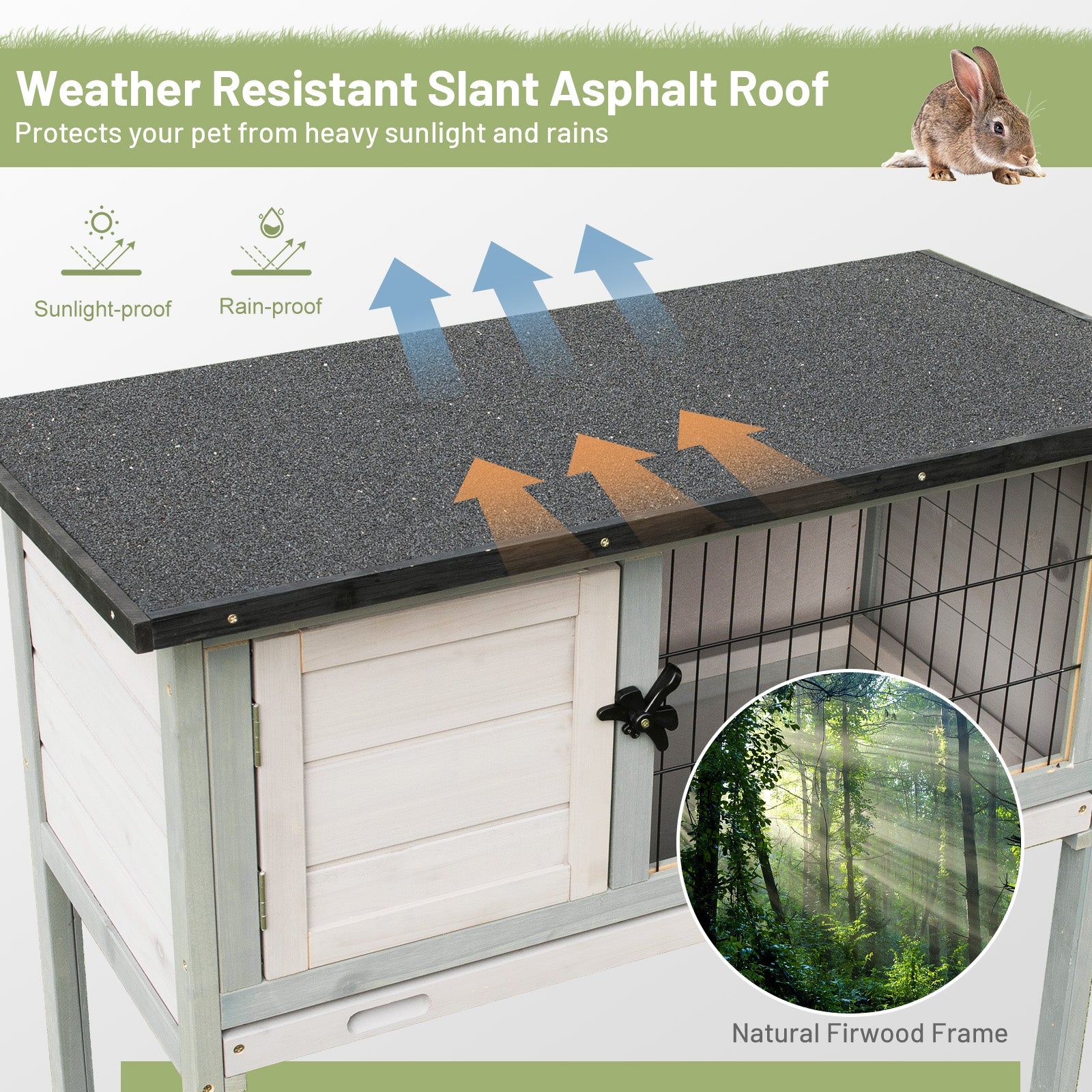 Small Elevated Rabbit Hutch with Hinged Asphalt Roof and Removable Tray