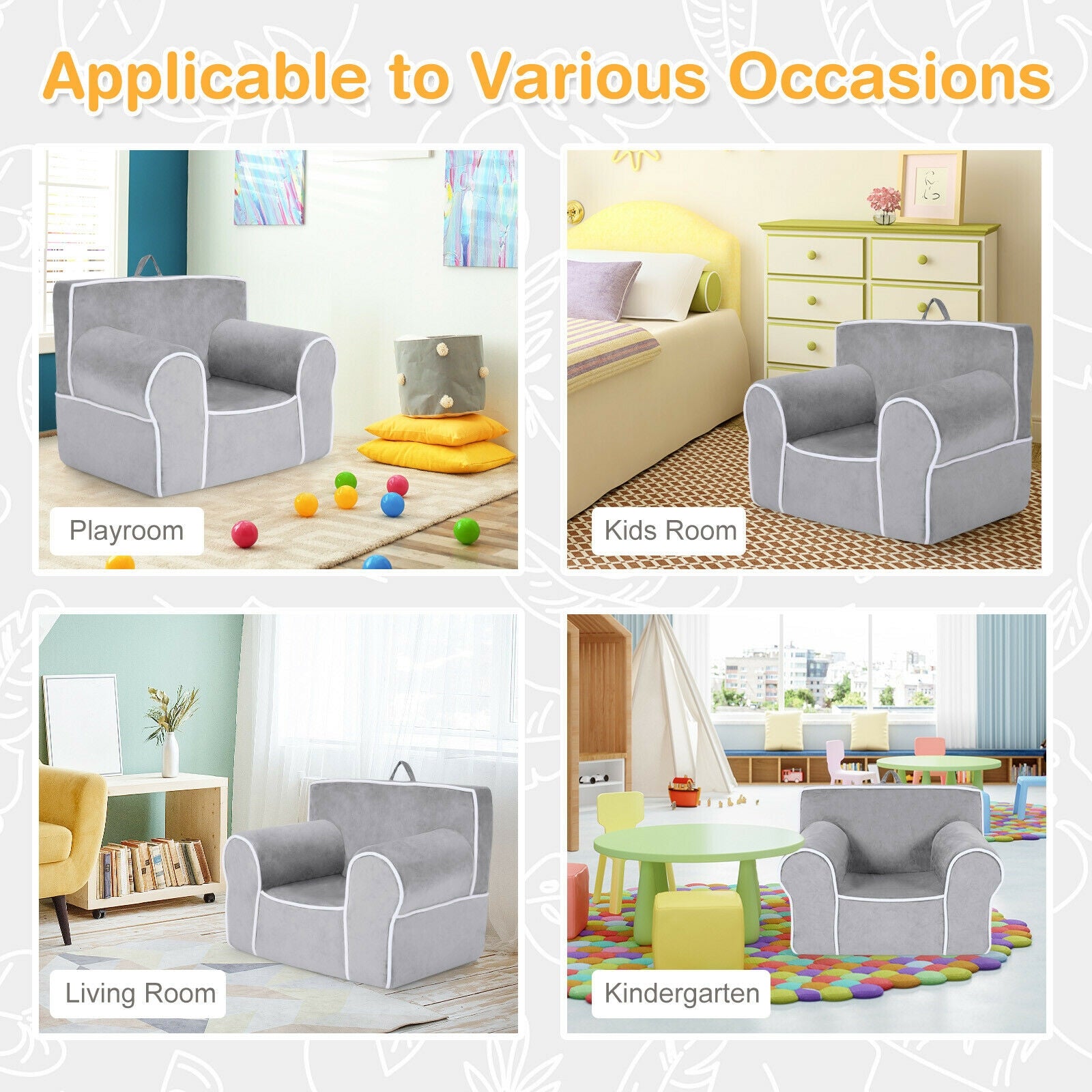 Upholstered Kids Sofa with Velvet Fabric and High-Quality Sponge-Gray