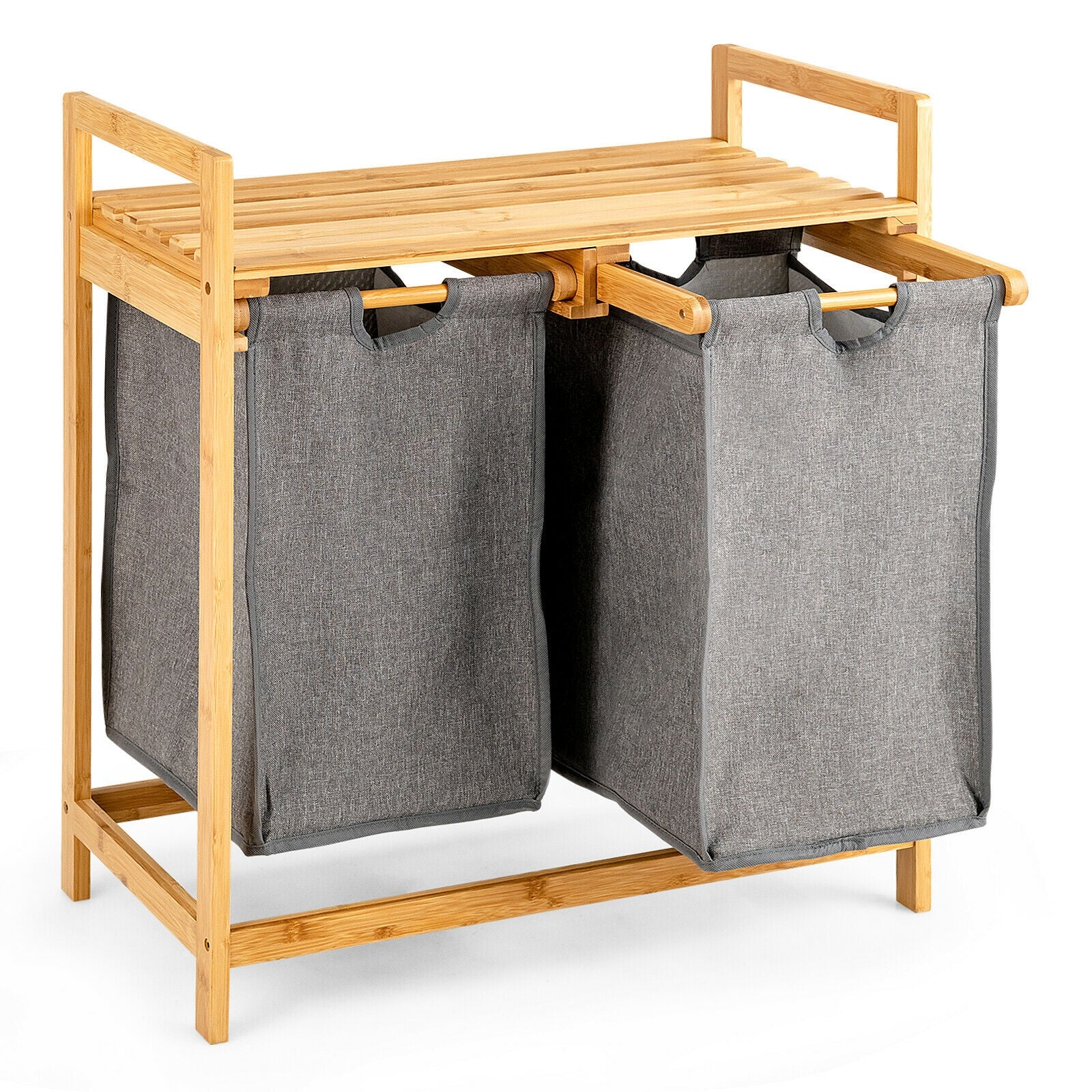 Bamboo Laundry Hamper with Dual Compartments Laundry Sorter and Sliding Bags-Natural