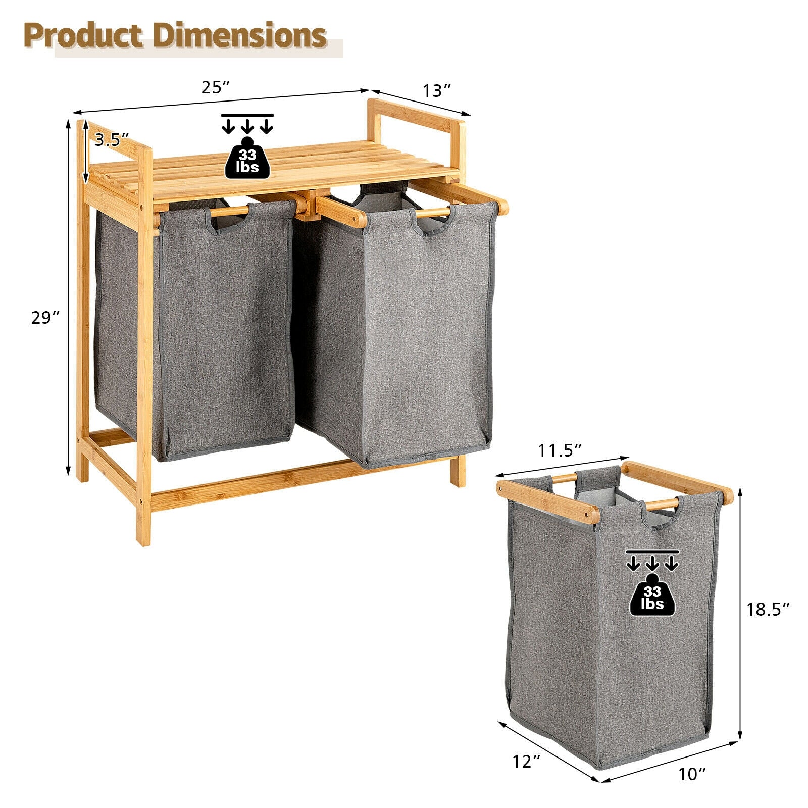 Bamboo Laundry Hamper with Dual Compartments Laundry Sorter and Sliding Bags-Natural