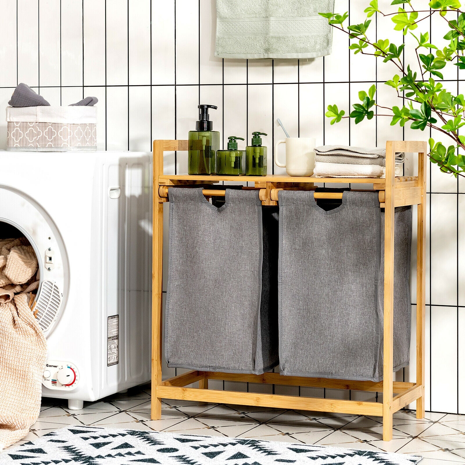 Bamboo Laundry Hamper with Dual Compartments Laundry Sorter and Sliding Bags-Natural