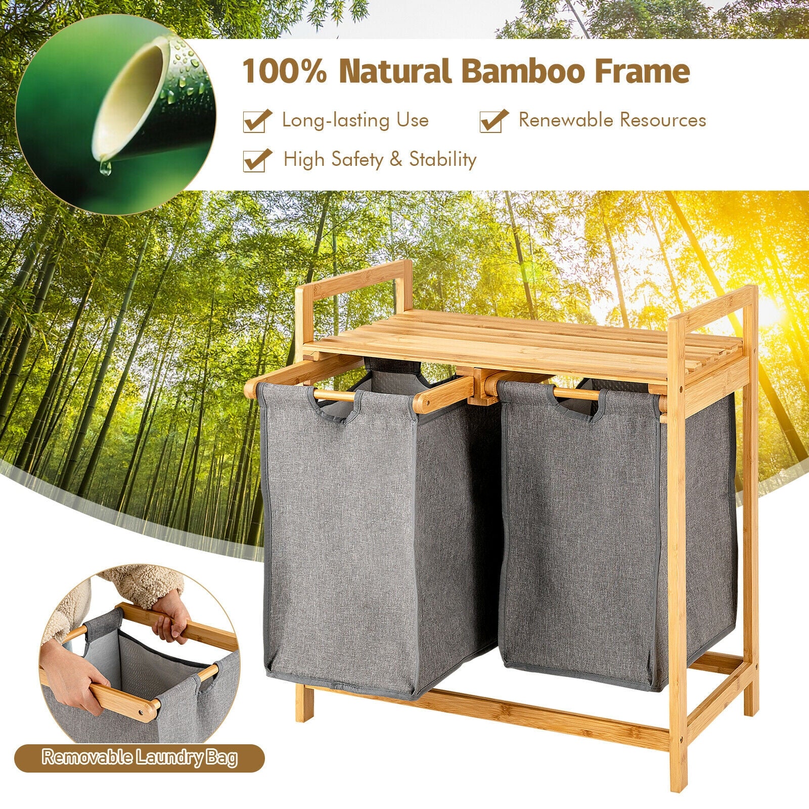 Bamboo Laundry Hamper with Dual Compartments Laundry Sorter and Sliding Bags-Natural