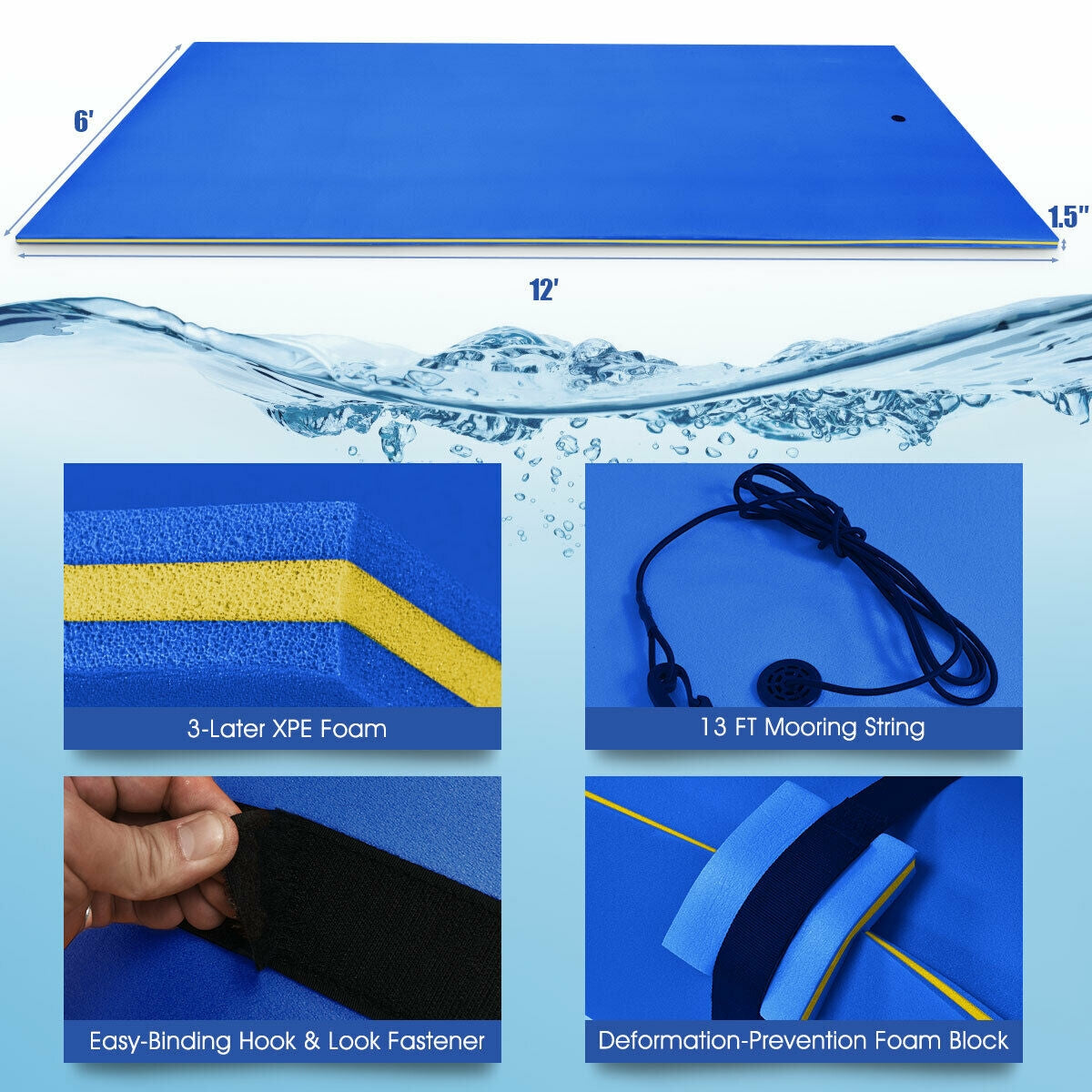 12 x 6 Feet 3 Layer Floating Water Pad-Blue