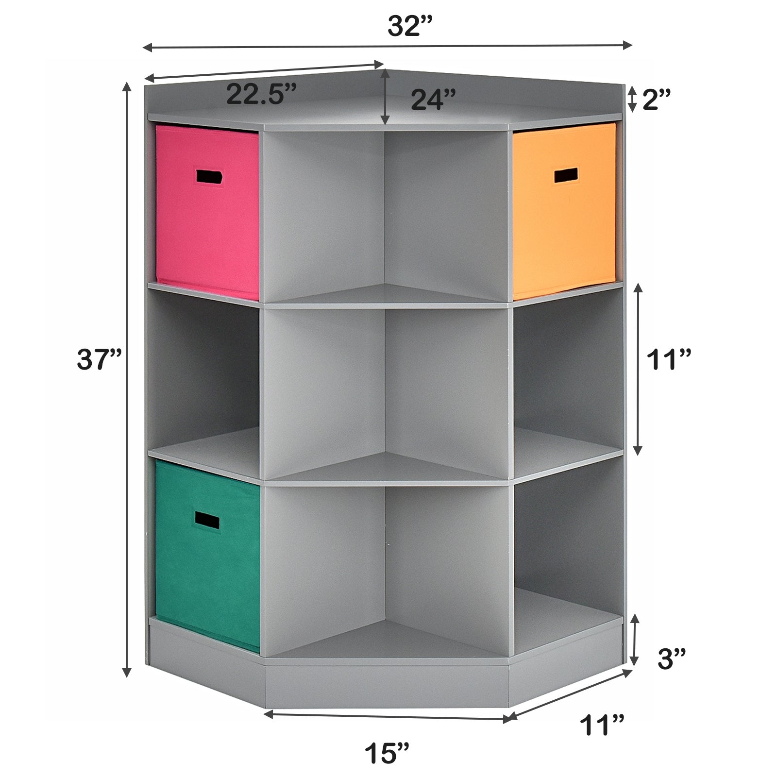 3-Tier Kids Storage Shelf Corner Cabinet with 3 Baskets-Gray