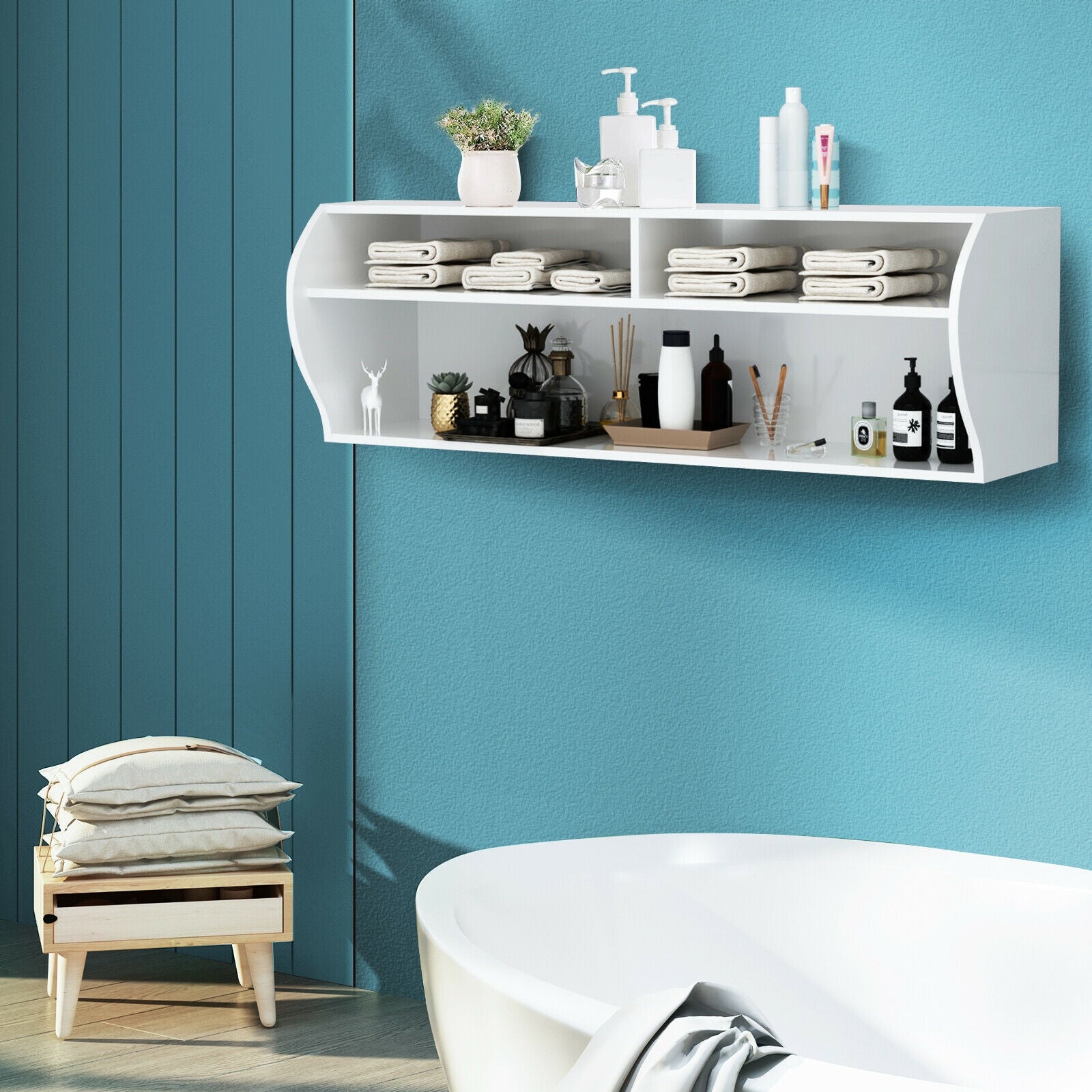 48.5 Inch 2 Tier Modern Wall Mounted Hanging Floating Shelf-White