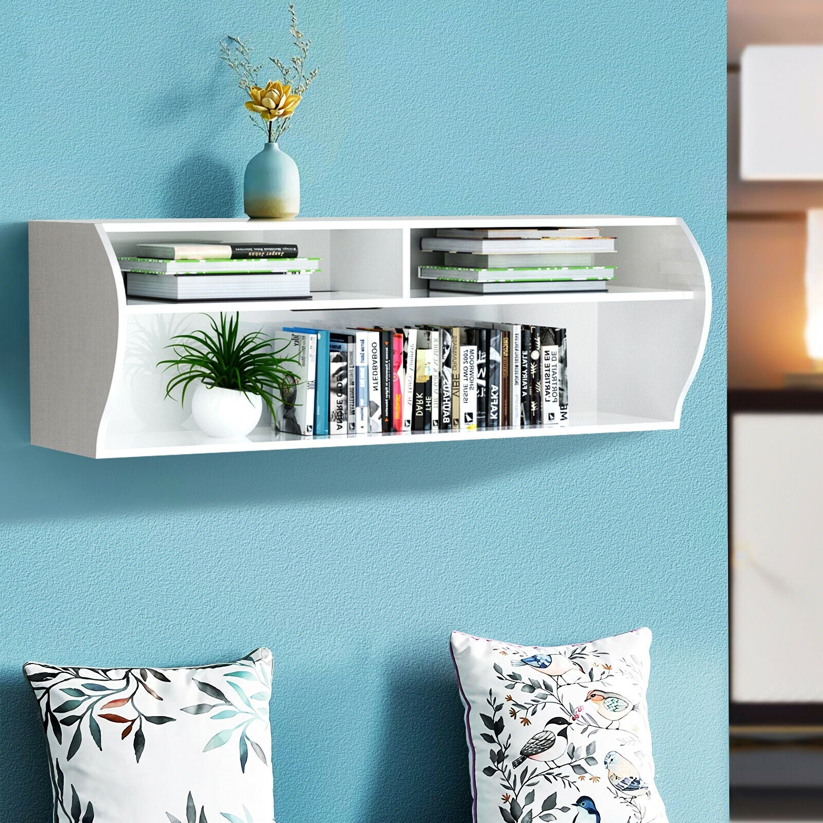 48.5 Inch 2 Tier Modern Wall Mounted Hanging Floating Shelf-White