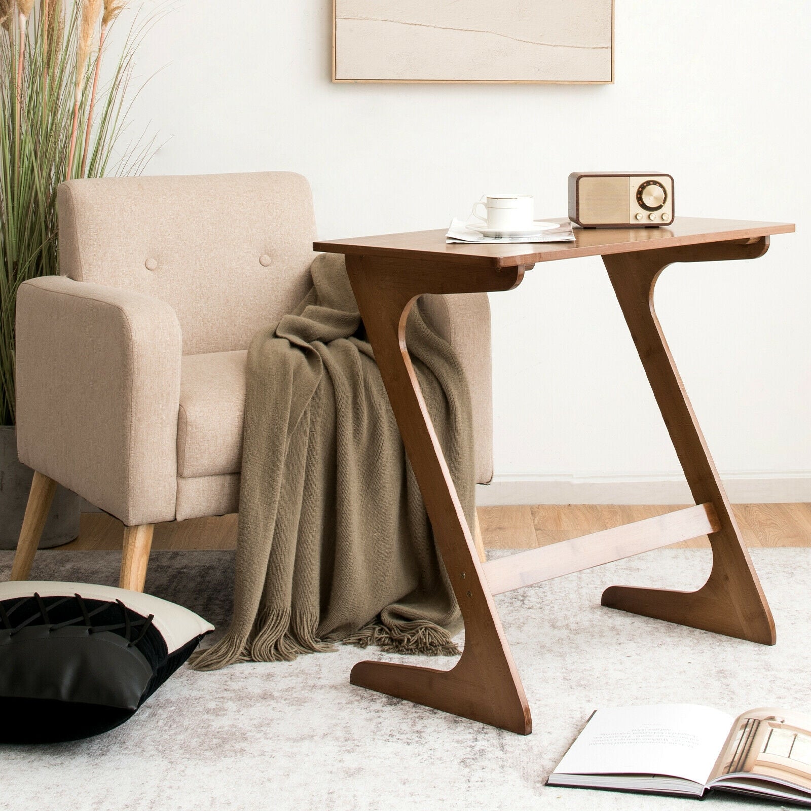 Bamboo Z-Shaped Spacious Sofa Side Table with Space-Saving Tabletop-Coffee