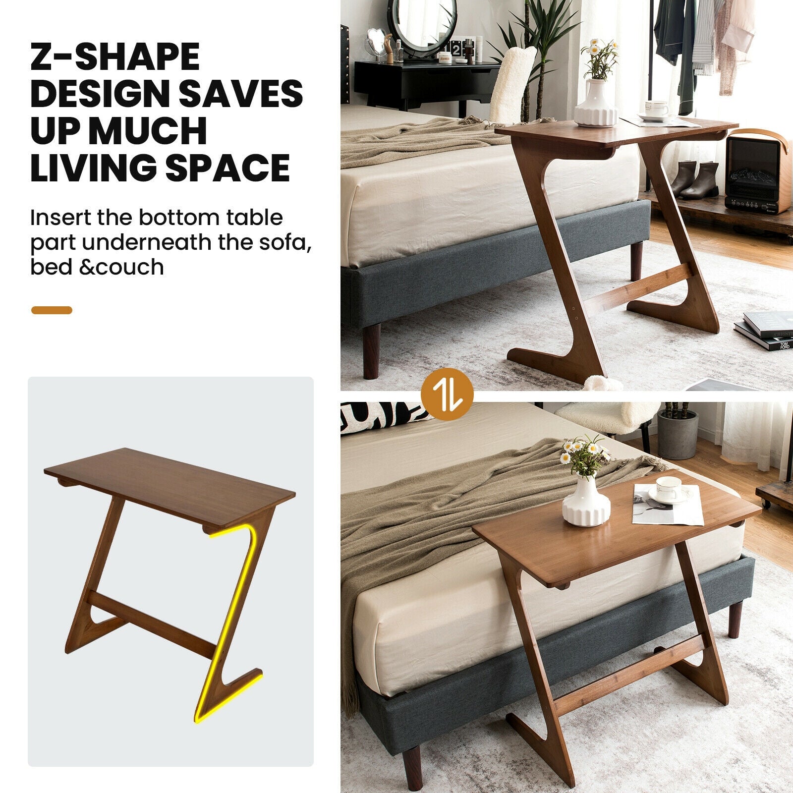 Bamboo Z-Shaped Spacious Sofa Side Table with Space-Saving Tabletop-Coffee