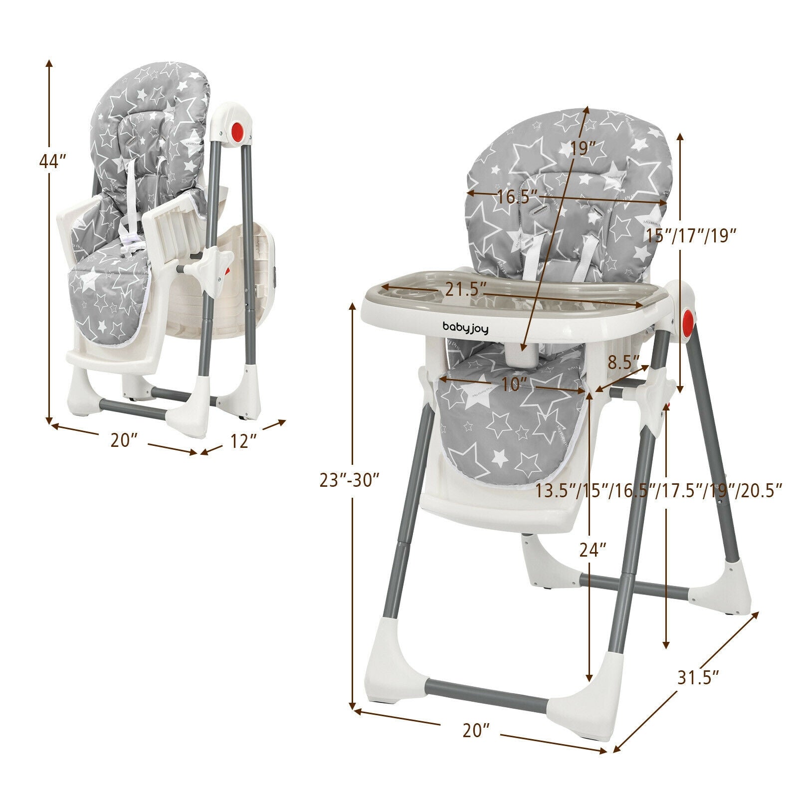 Folding Baby High Dining Chair with 6-Level Height Adjustment-Gray 