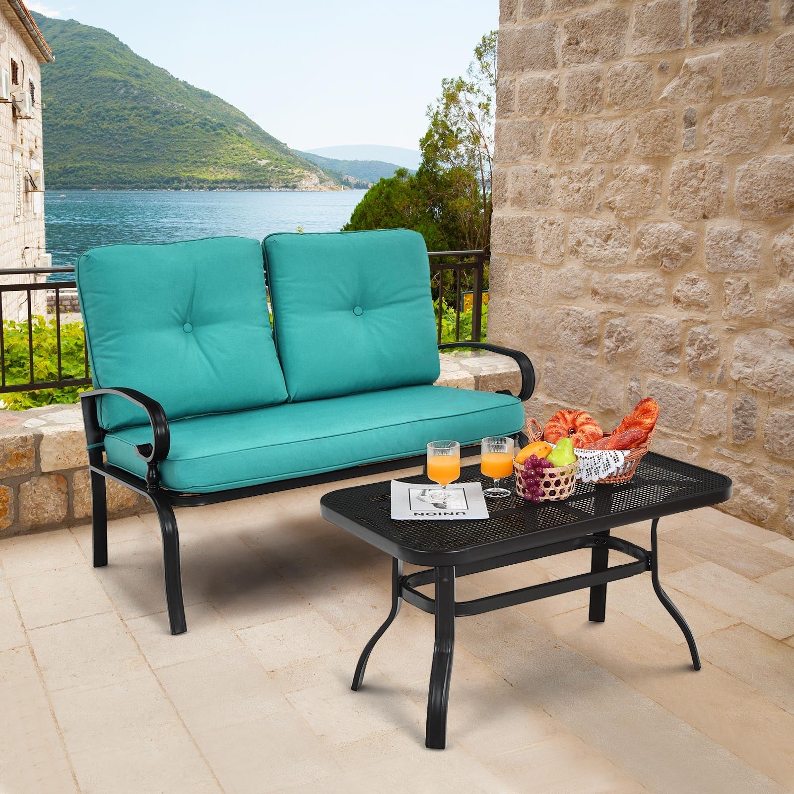 2PCS Patio Loveseat Bench Table Furniture Set with Cushioned Chair-Turquoise 