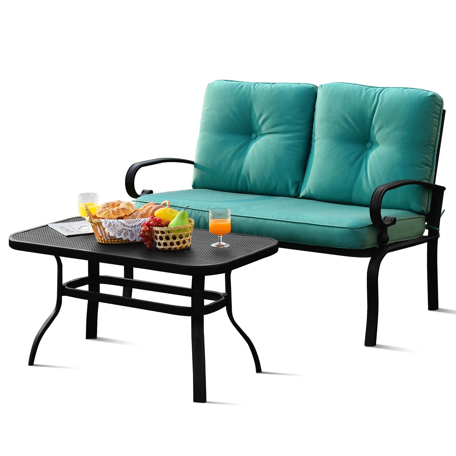 2PCS Patio Loveseat Bench Table Furniture Set with Cushioned Chair-Turquoise