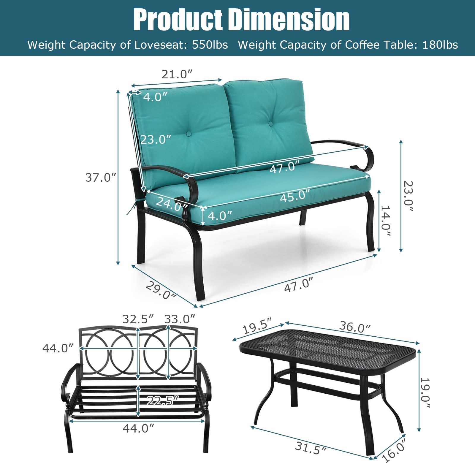 2PCS Patio Loveseat Bench Table Furniture Set with Cushioned Chair-Turquoise