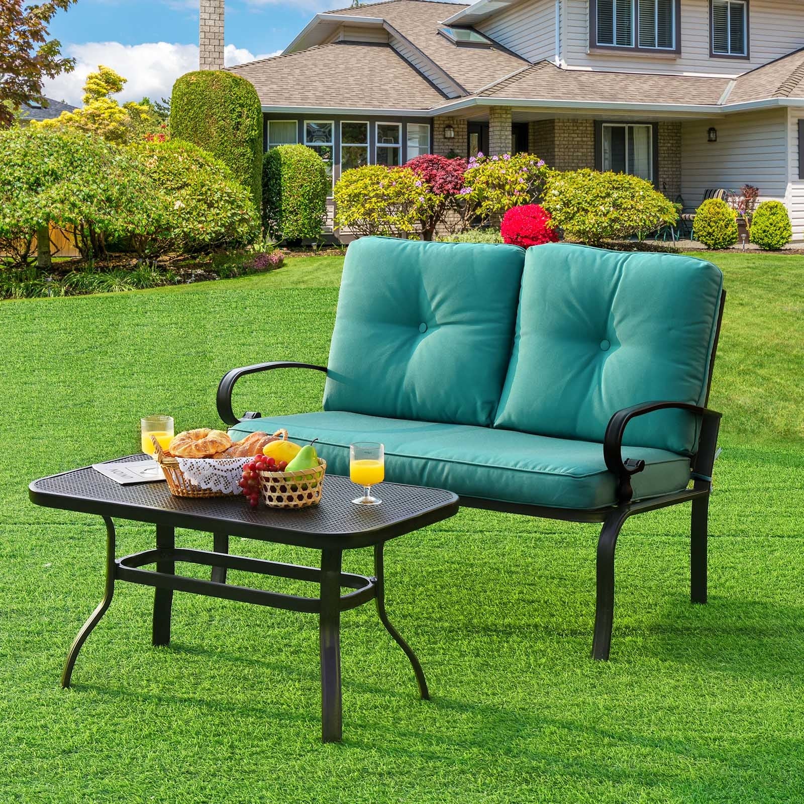 2PCS Patio Loveseat Bench Table Furniture Set with Cushioned Chair-Turquoise