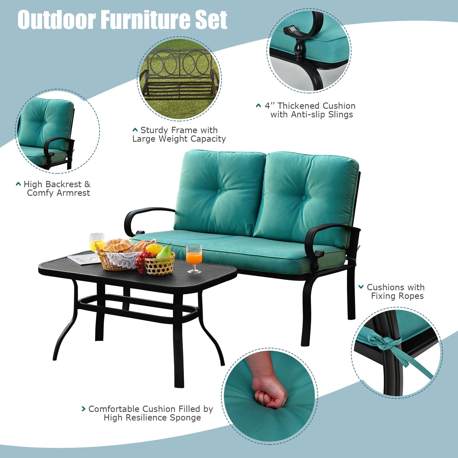 2PCS Patio Loveseat Bench Table Furniture Set with Cushioned Chair-Turquoise