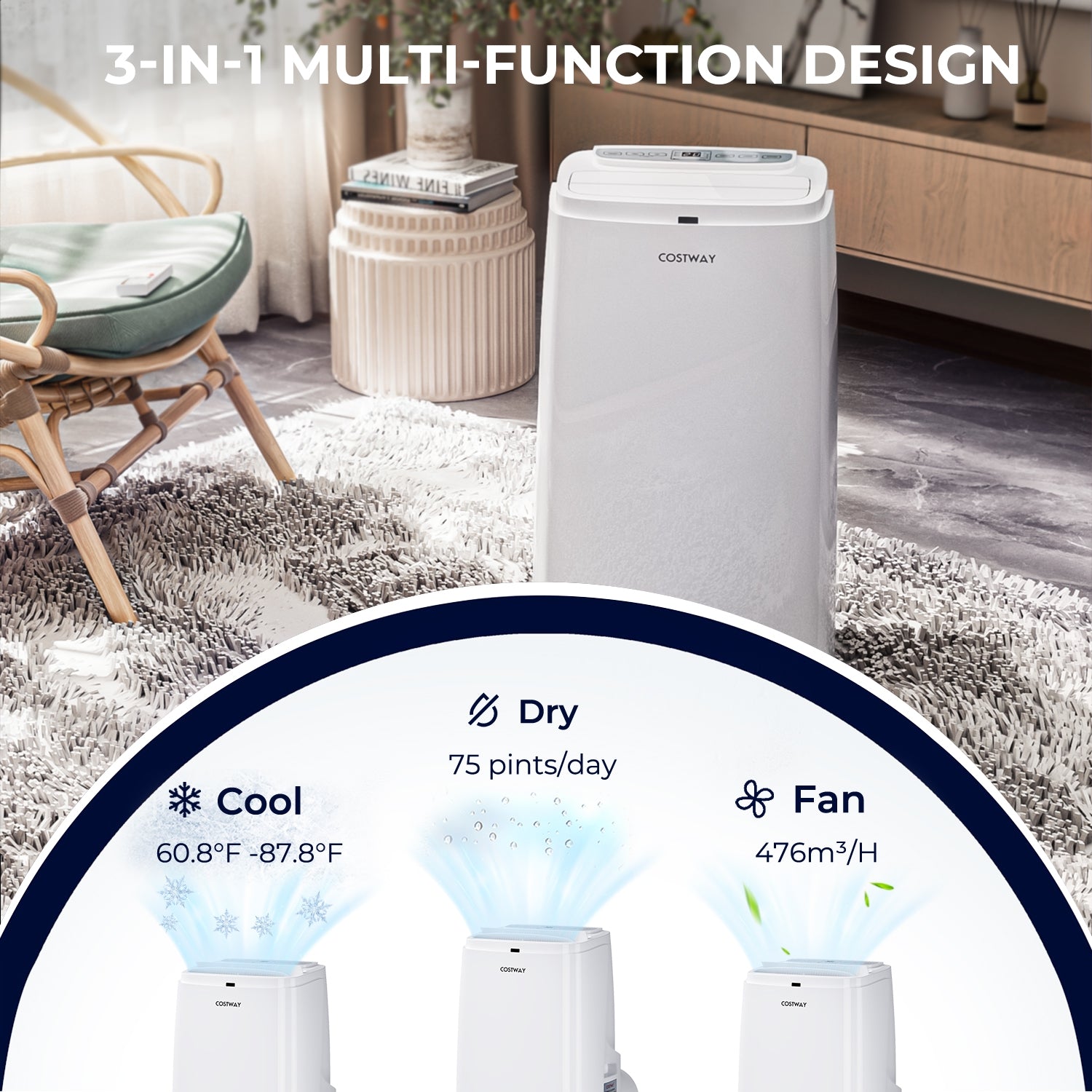 12000BTU 3-in-1 Portable Air Conditioner with Remote-White