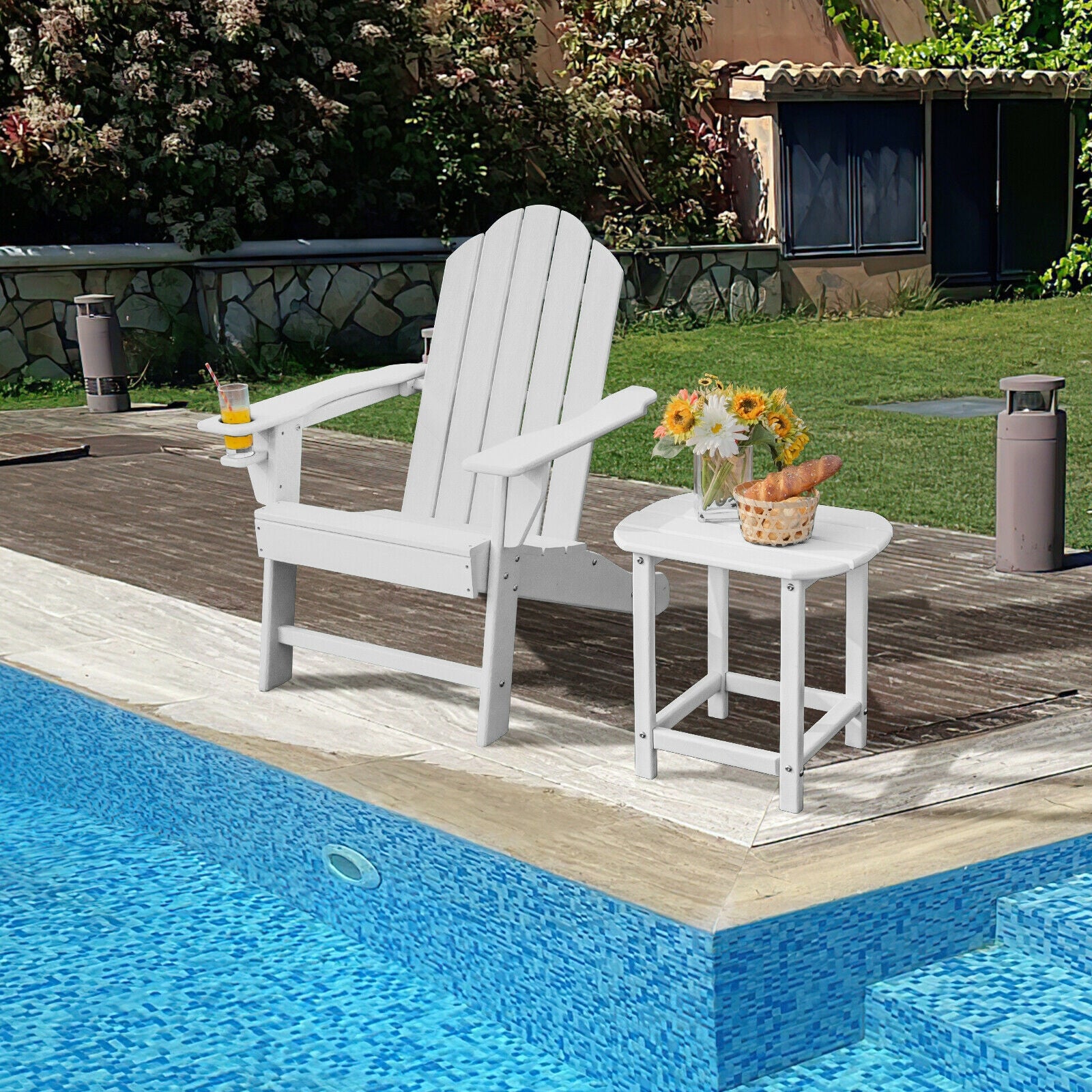 Outdoor Adirondack Chair with Built-in Cup Holder for Backyard Porch-White 