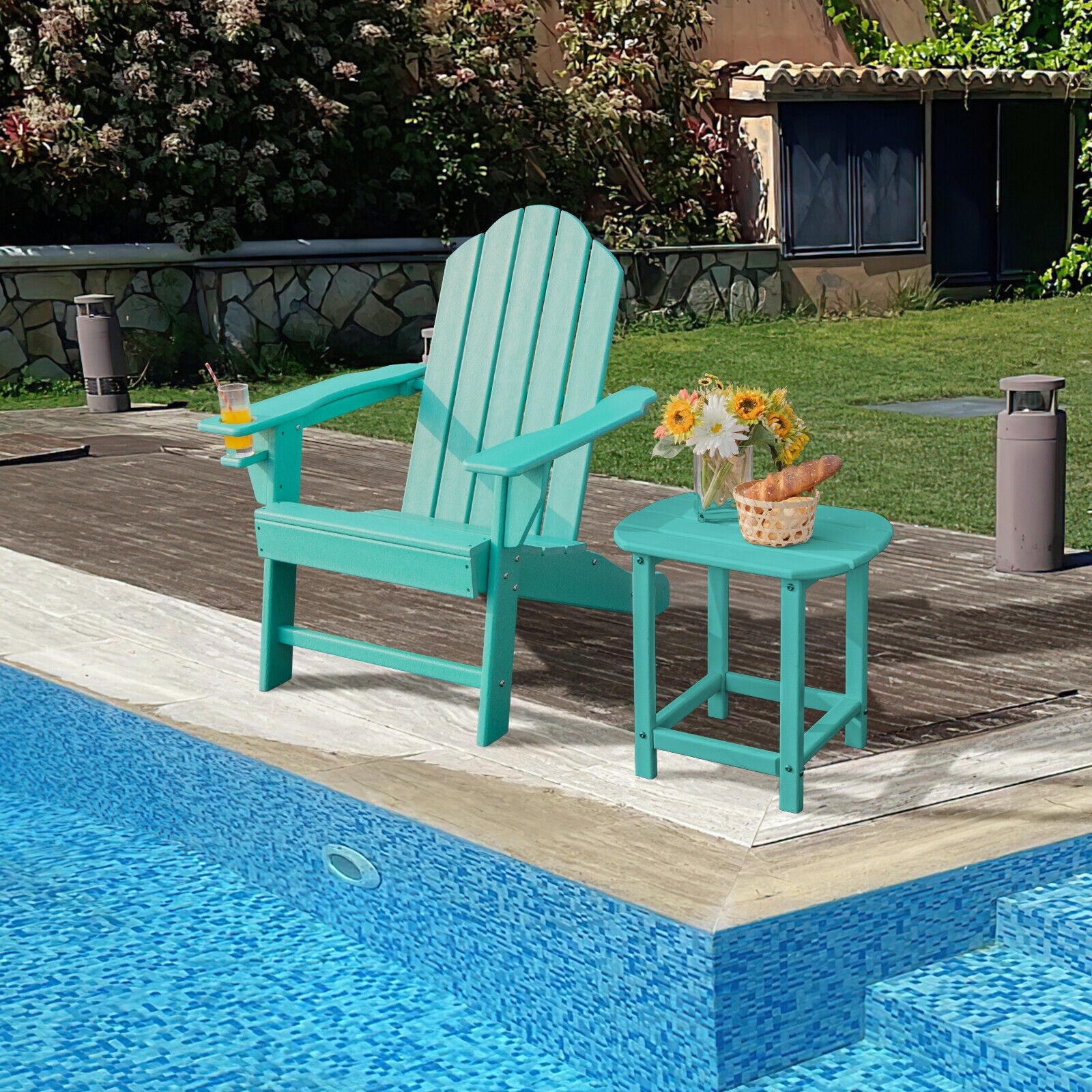 Outdoor Adirondack Chair with Built-in Cup Holder for Backyard Porch-Turquoise 