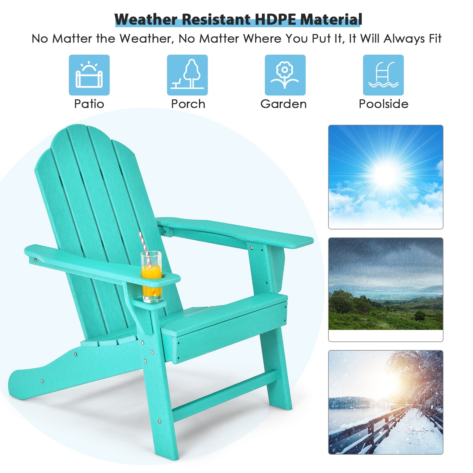 Outdoor Adirondack Chair with Built-in Cup Holder for Backyard Porch-Turquoise 