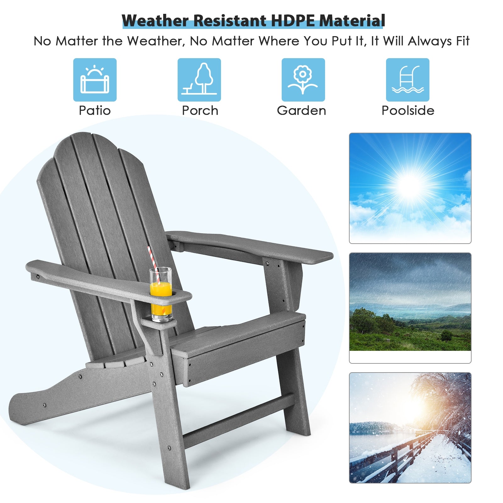 Outdoor Adirondack Chair with Built-in Cup Holder for Backyard Porch-Gray 