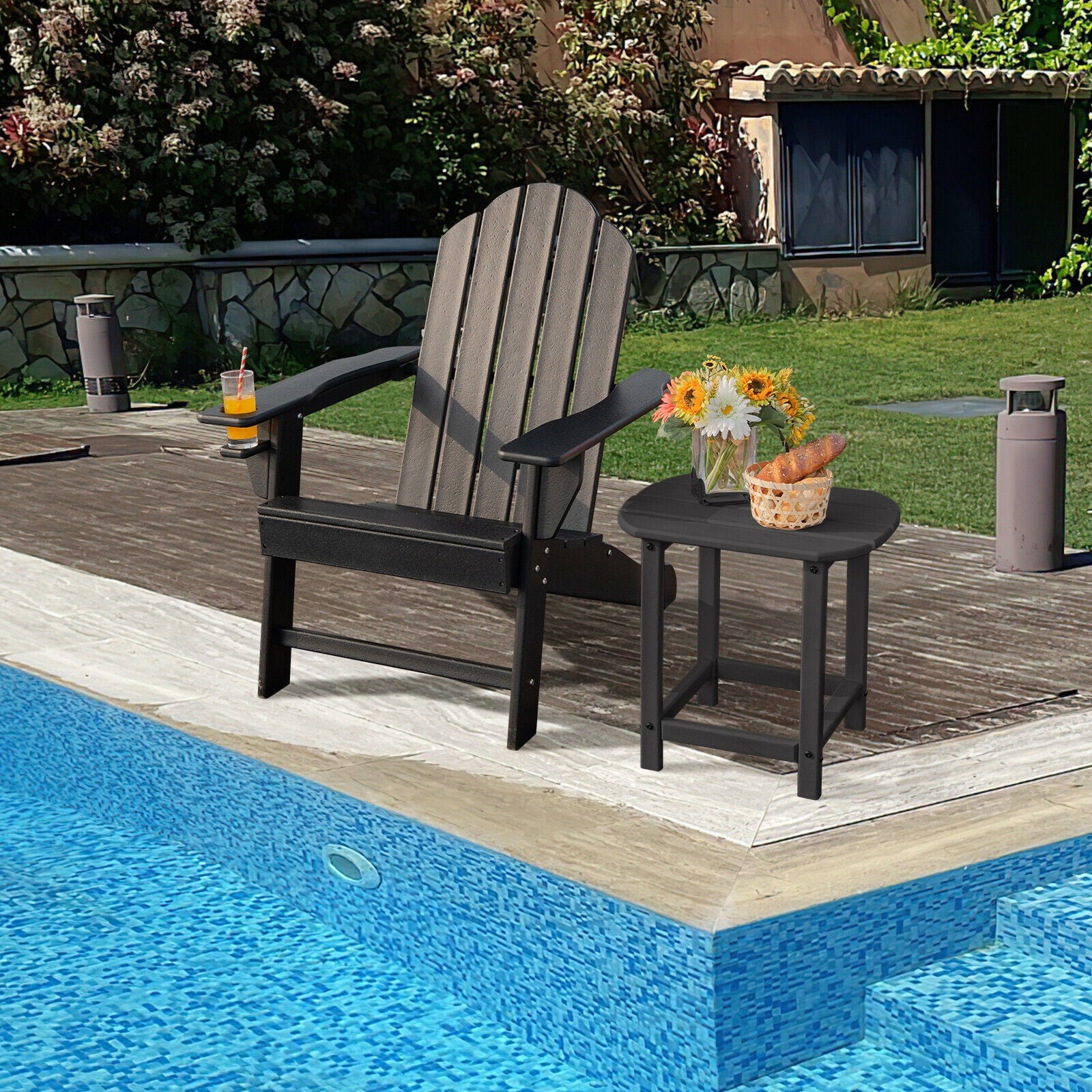 Outdoor Adirondack Chair with Built-in Cup Holder for Backyard Porch-Black 