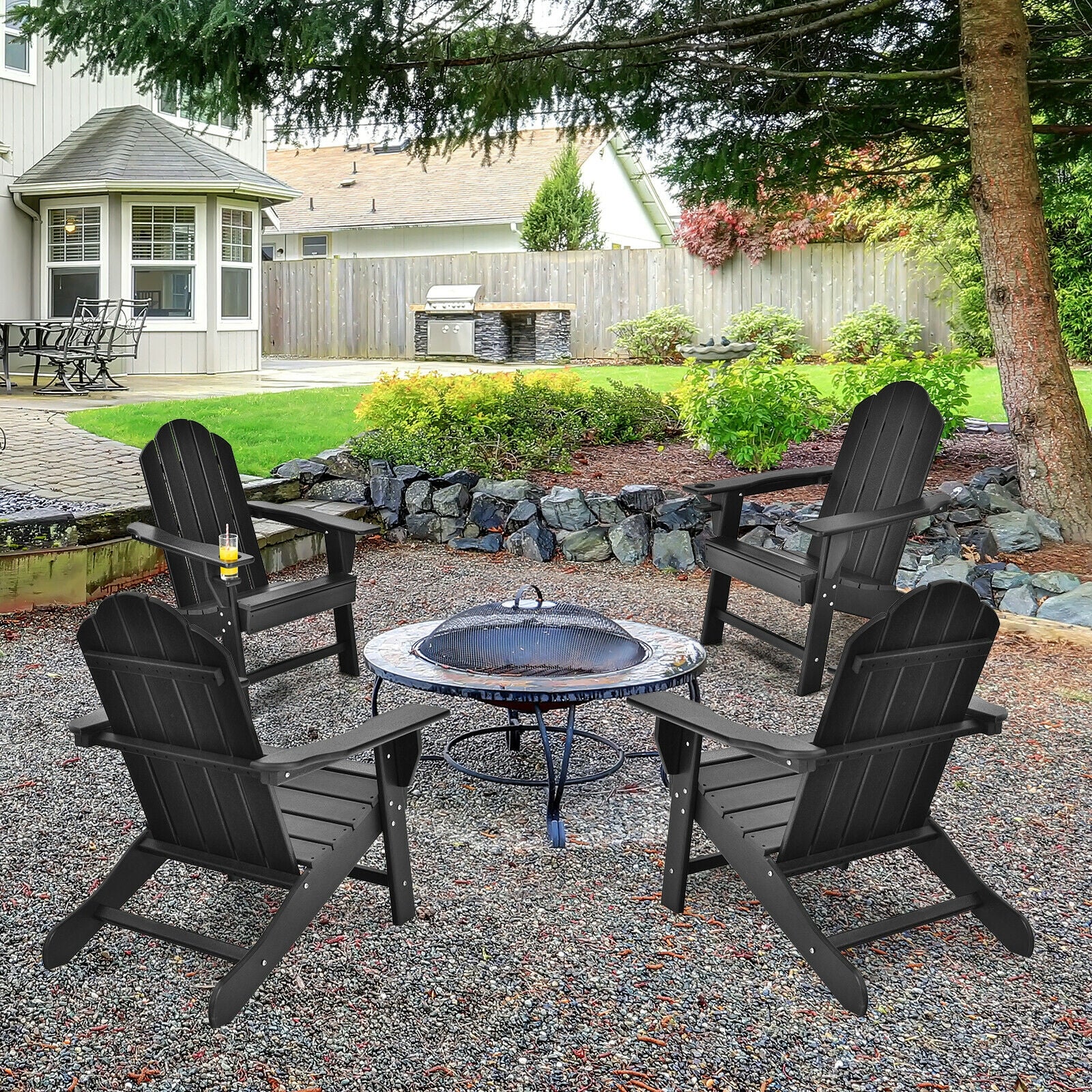 Outdoor Adirondack Chair with Built-in Cup Holder for Backyard Porch-Black