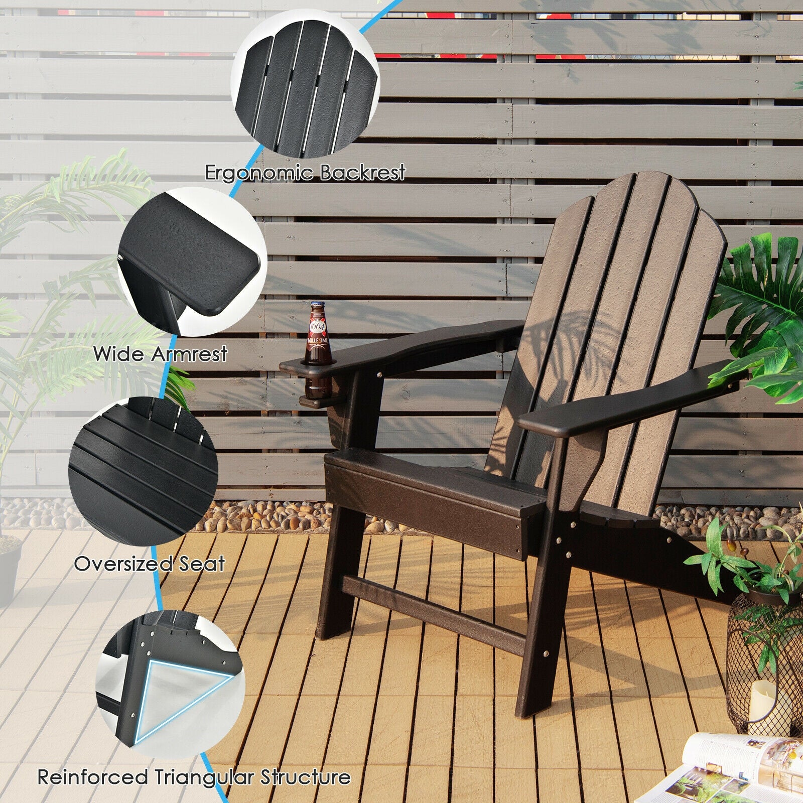 Outdoor Adirondack Chair with Built-in Cup Holder for Backyard Porch-Black