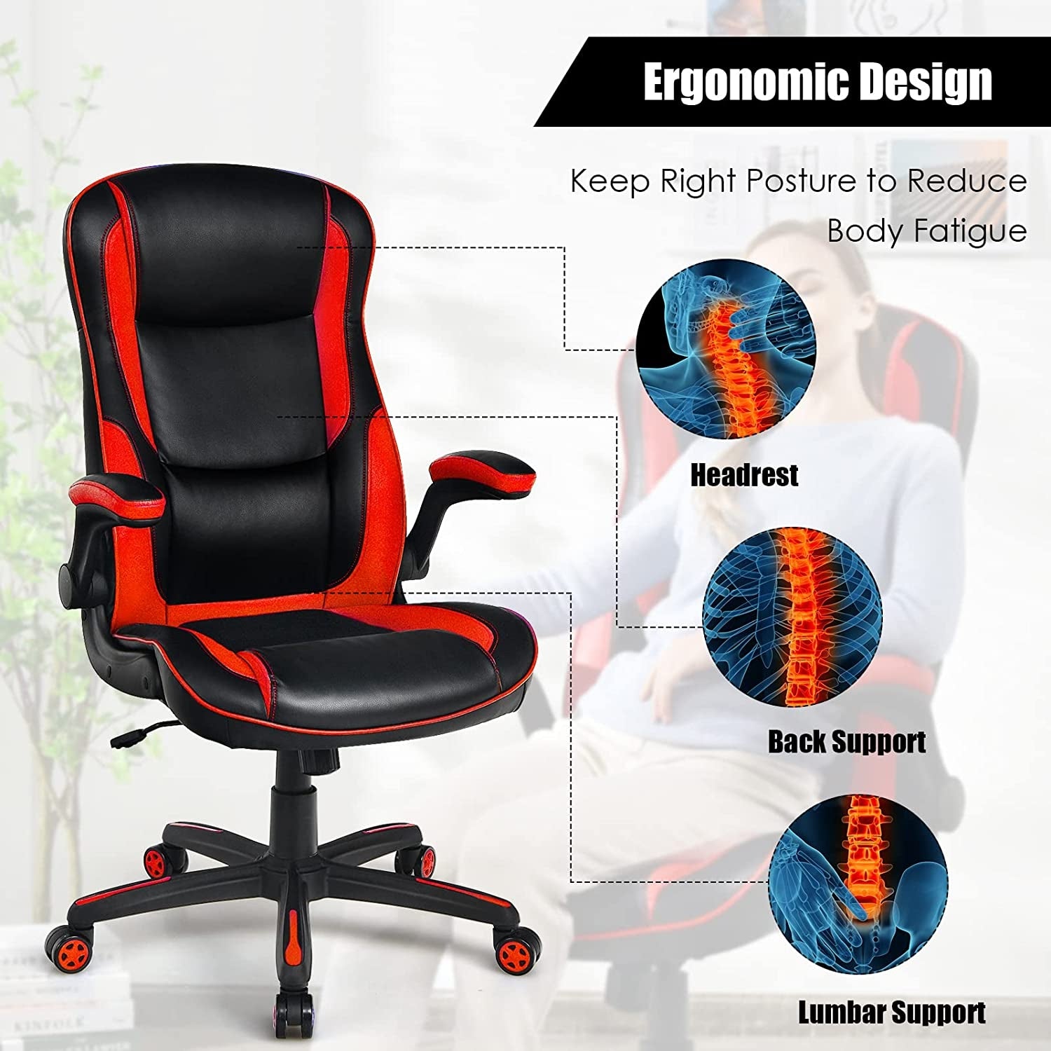 Racing Style Office Chair with PVC and PU Leather Seat-Red 