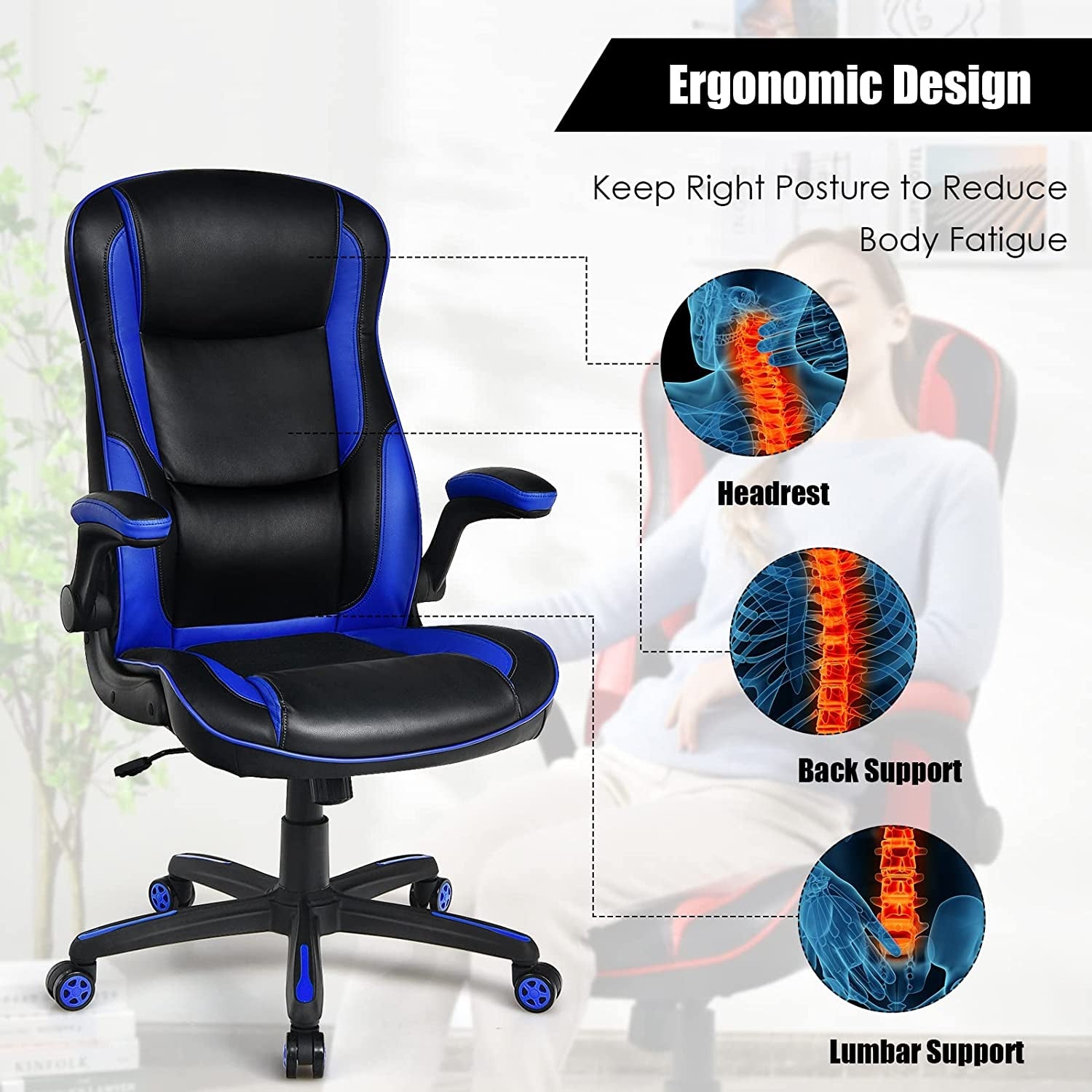 Racing Style Office Chair with PVC and PU Leather Seat-Blue 