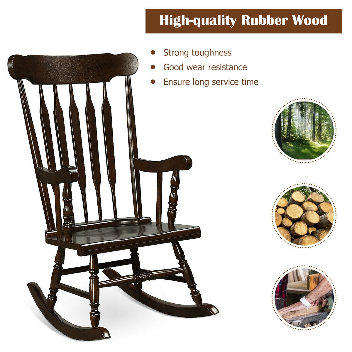 Solid Wood Porch Glossy Finish Rocking Chair-Brown