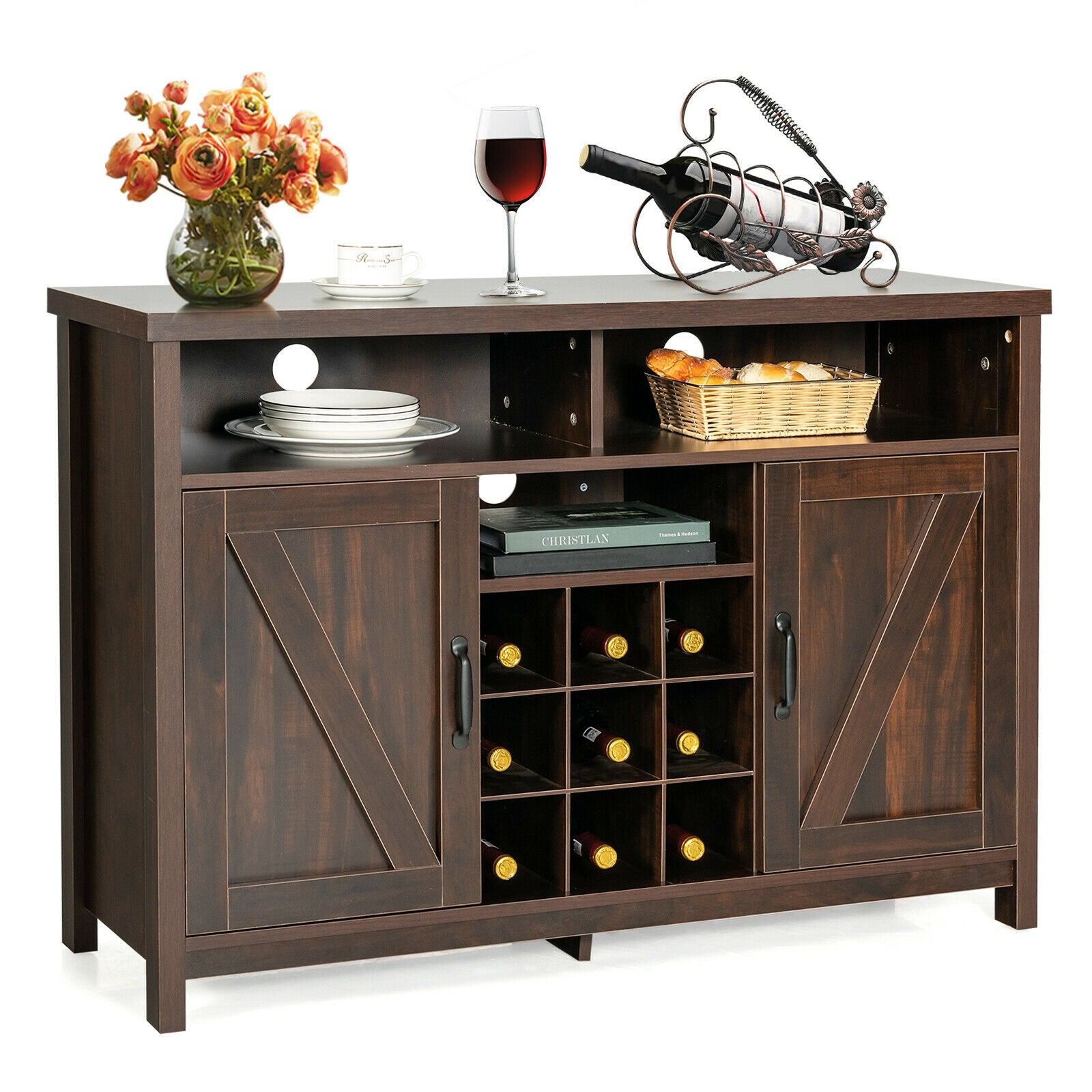 Farmhouse Sideboard with Detachable Wine Rack and Cabinets-Dark Brown