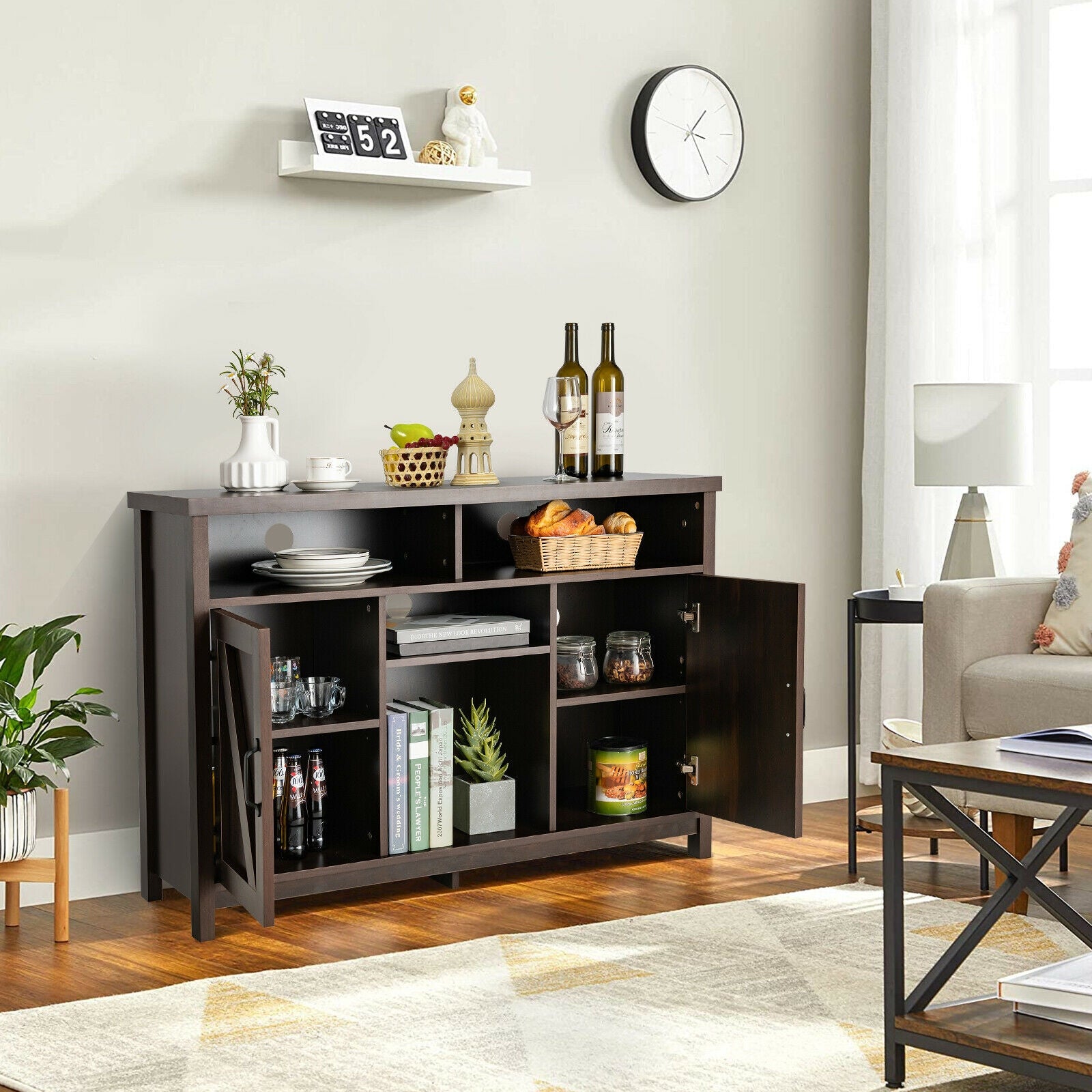 Farmhouse Sideboard with Detachable Wine Rack and Cabinets-Dark Brown