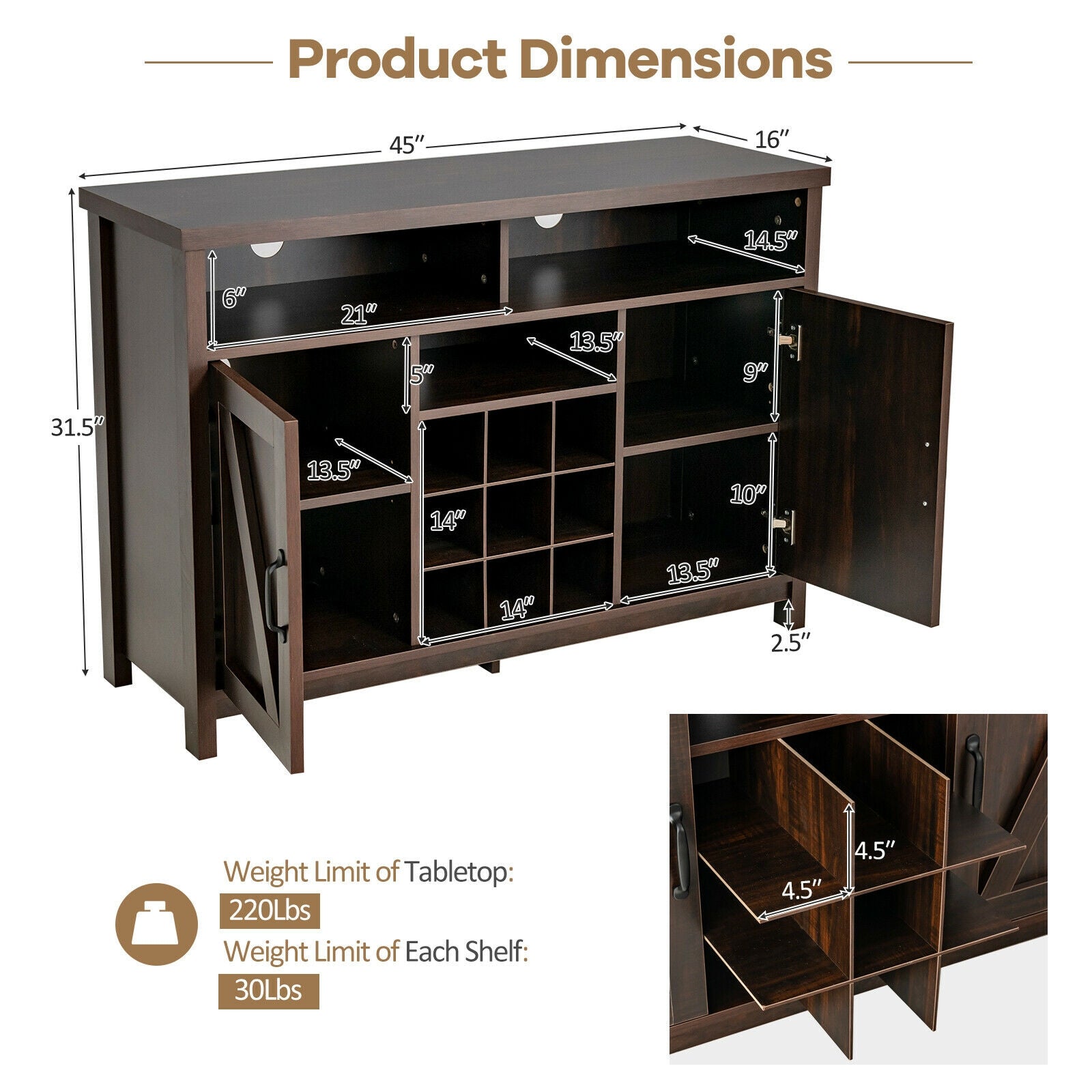 Farmhouse Sideboard with Detachable Wine Rack and Cabinets-Dark Brown