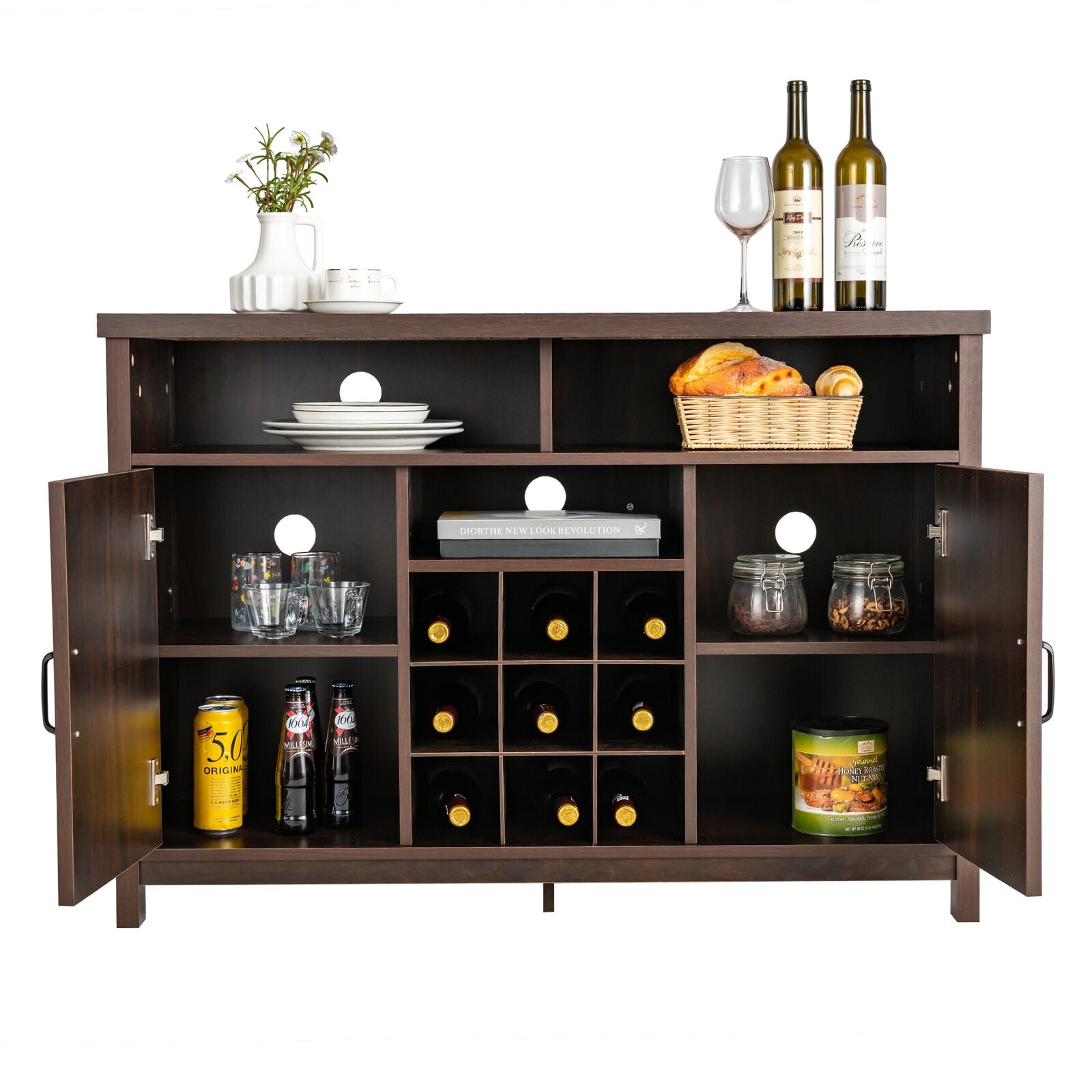 Farmhouse Sideboard with Detachable Wine Rack and Cabinets-Dark Brown