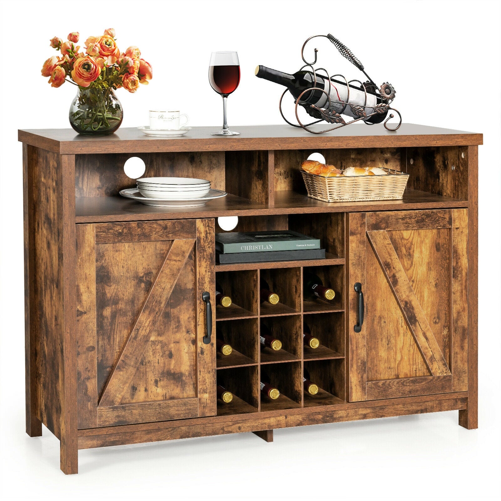 Farmhouse Sideboard with Detachable Wine Rack and Cabinets-Rustic Brown