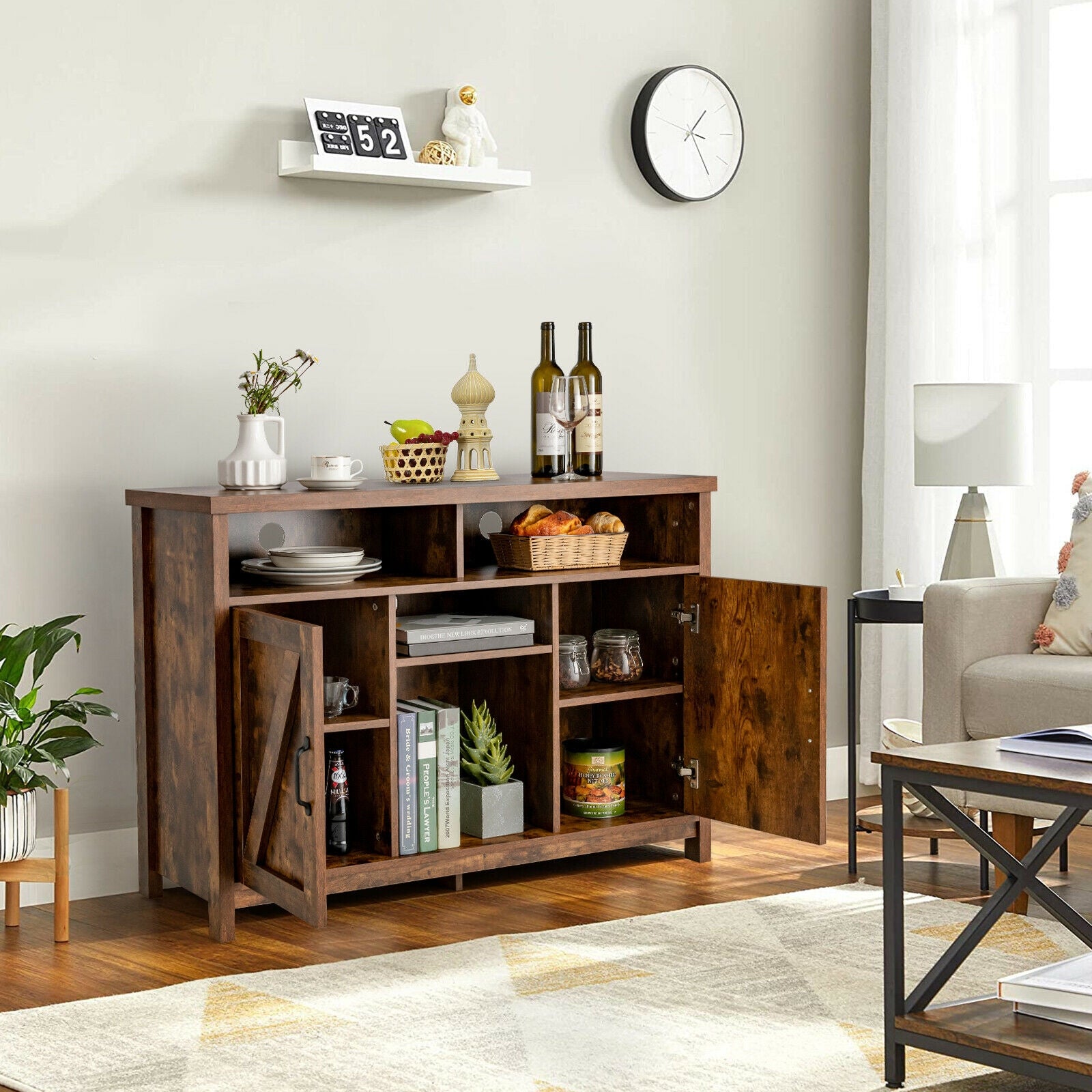 Farmhouse Sideboard with Detachable Wine Rack and Cabinets-Rustic Brown