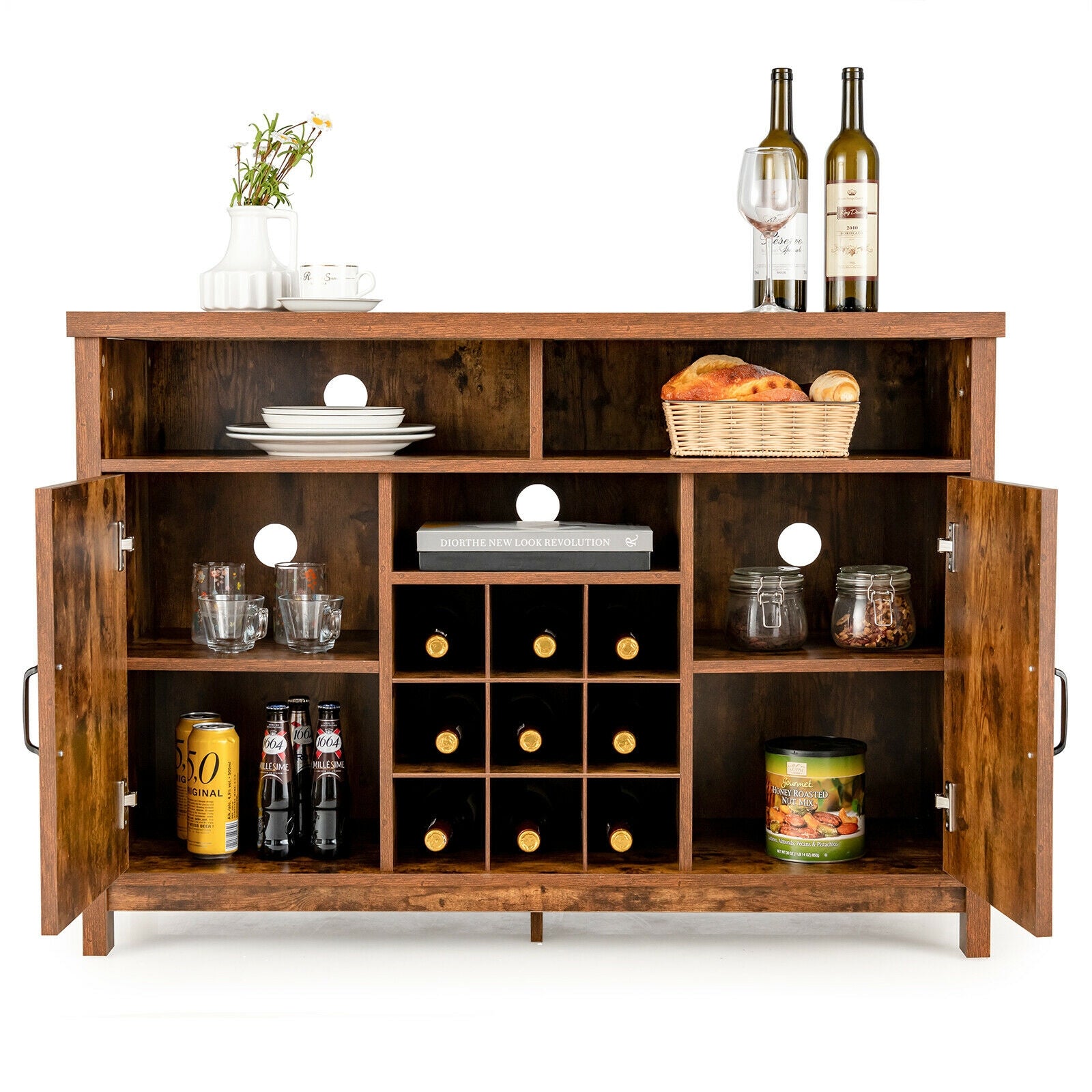 Farmhouse Sideboard with Detachable Wine Rack and Cabinets-Rustic Brown