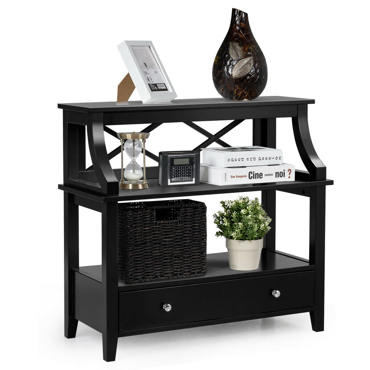 3-Tier Storage Rack End table Side Table with Slide Drawer -Black