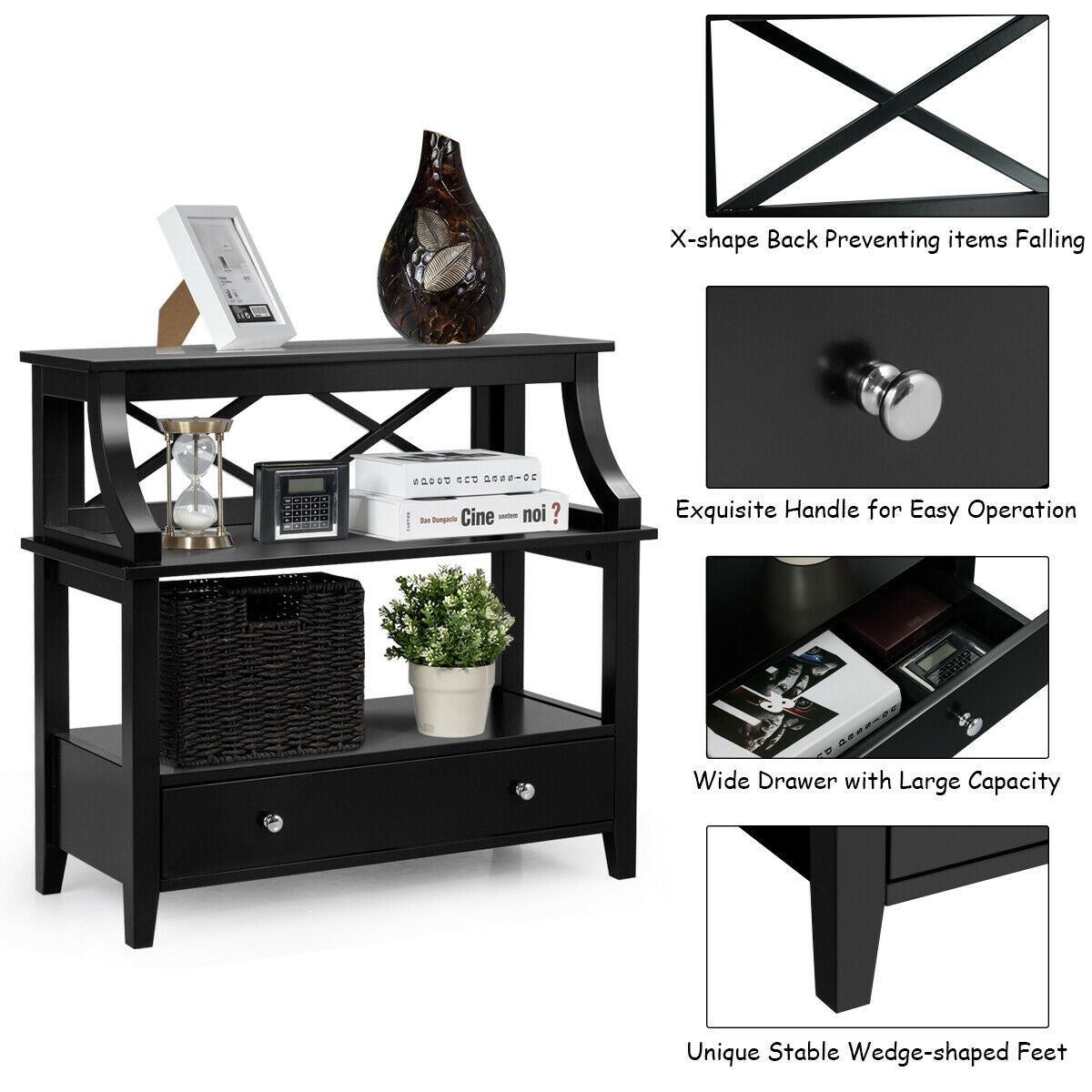 3-Tier Storage Rack End table Side Table with Slide Drawer -Black