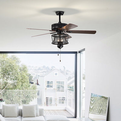 50 Inches Ceiling Fan with Lights Reversible Blades and Pull Chain Control-Black 