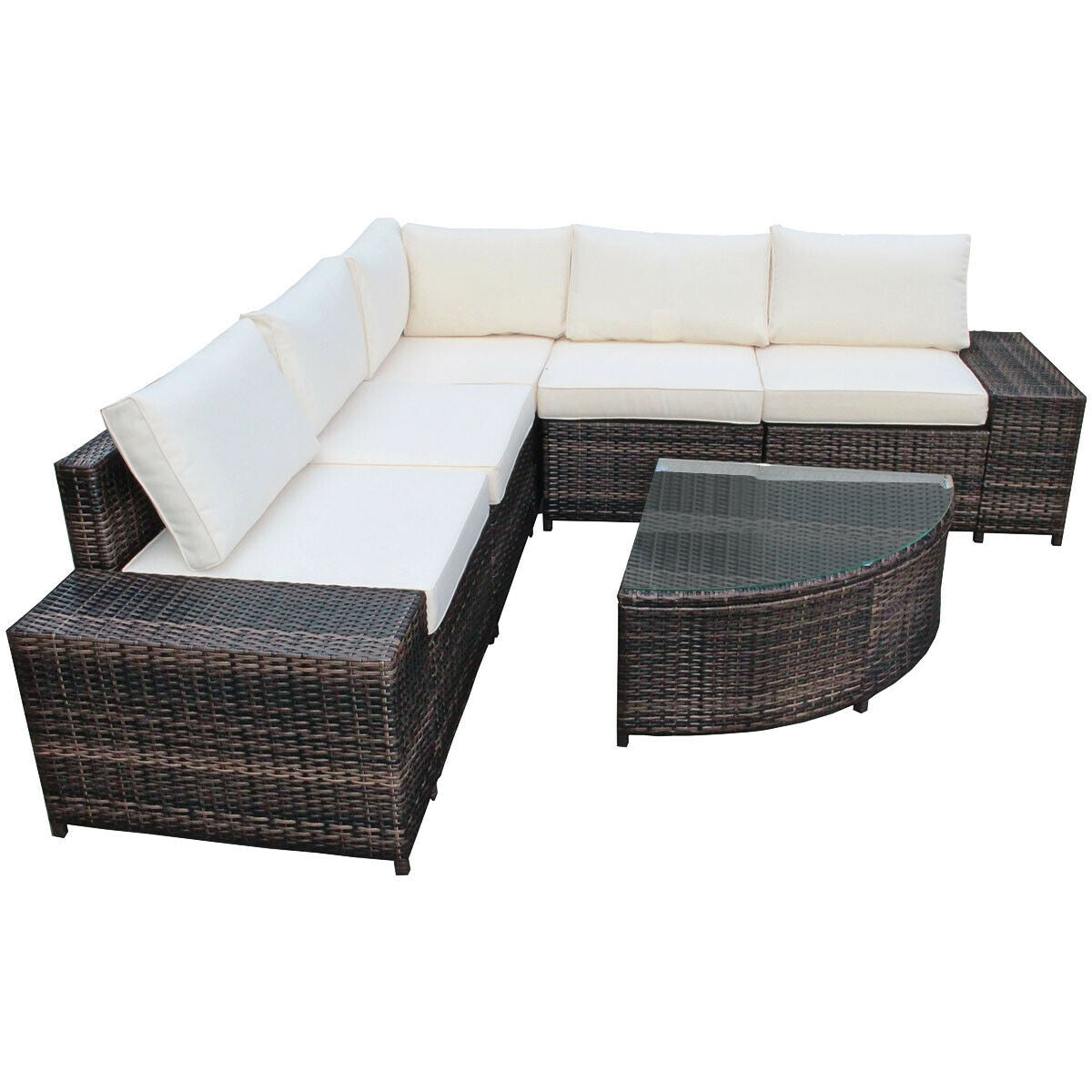 6 Pieces Rattan Furniture Cushioned Sofa Set-White