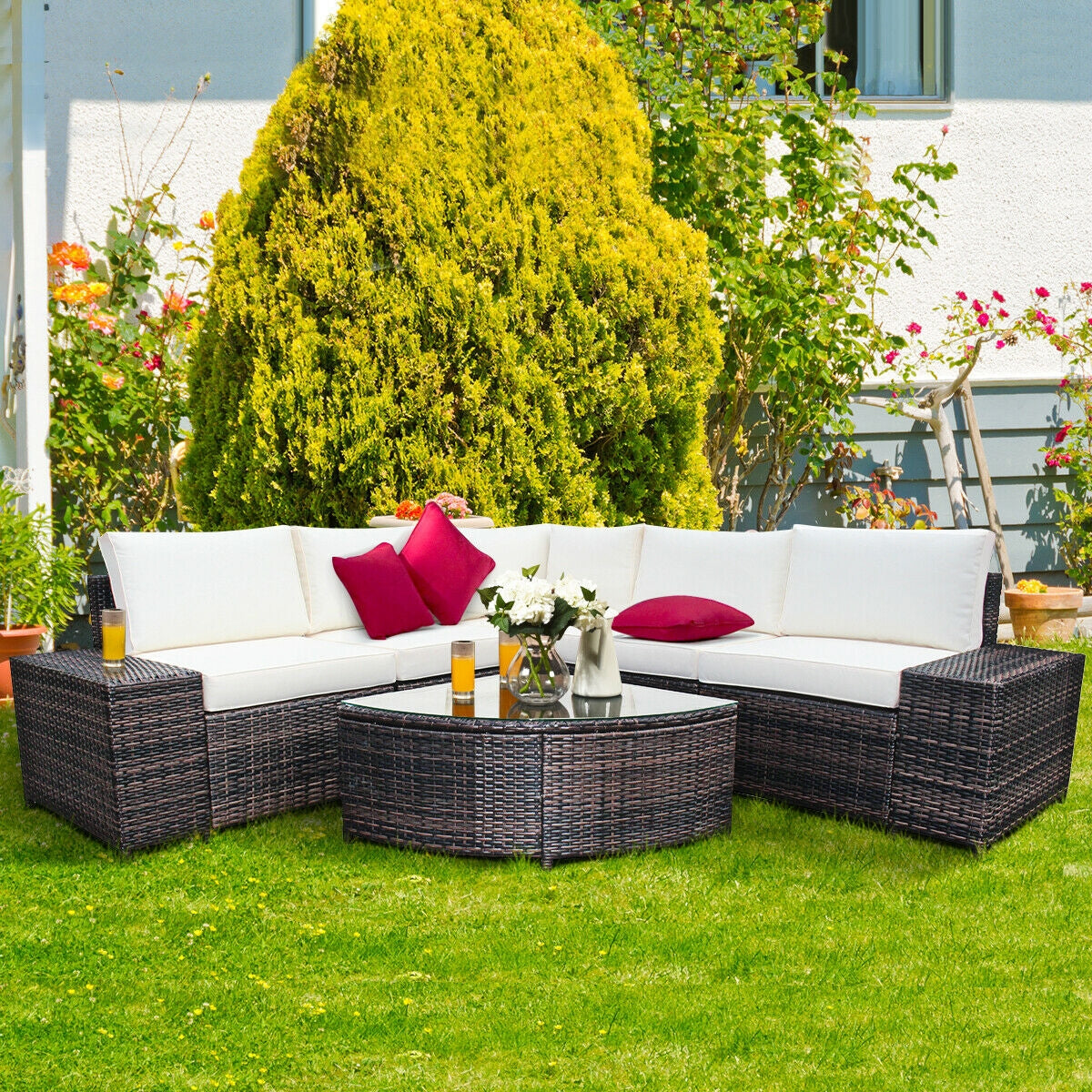 6 Pieces Rattan Furniture Cushioned Sofa Set-White