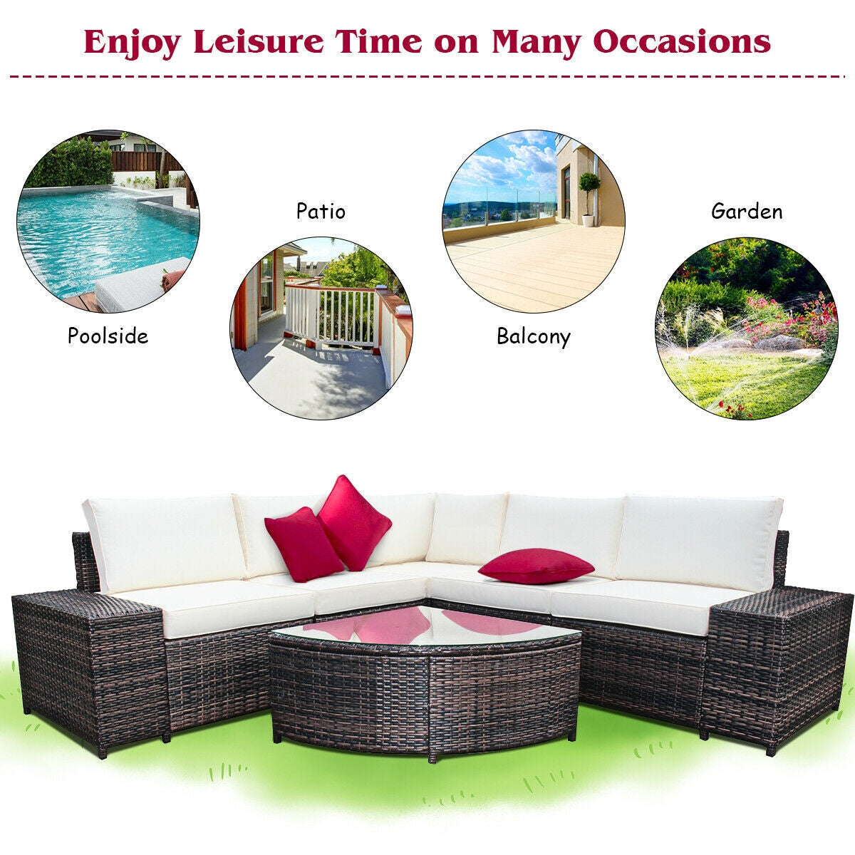 6 Pieces Rattan Furniture Cushioned Sofa Set-White