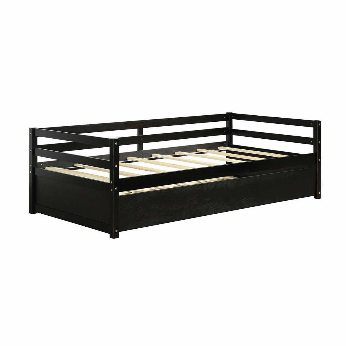 Twin Size Trundle Platform Bed Frame with  Wooden Slat Support-Dark Brown