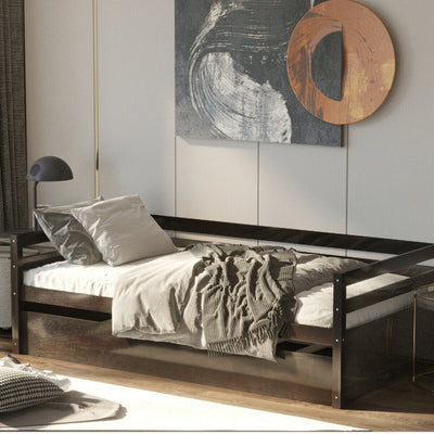Twin Size Trundle Platform Bed Frame with  Wooden Slat Support-Dark Brown 