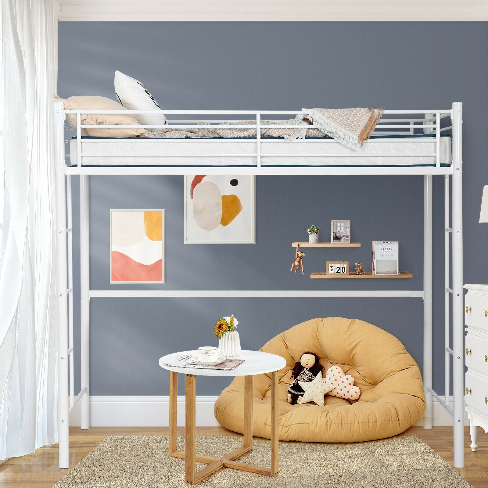 Twin Loft Bed Frame with 2 Ladders Full-length Guardrail -White