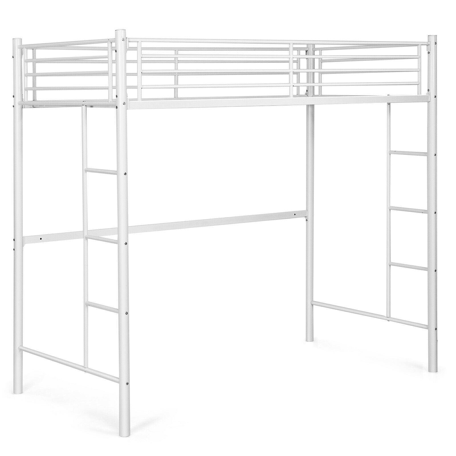 Twin Loft Bed Frame with 2 Ladders Full-length Guardrail -White