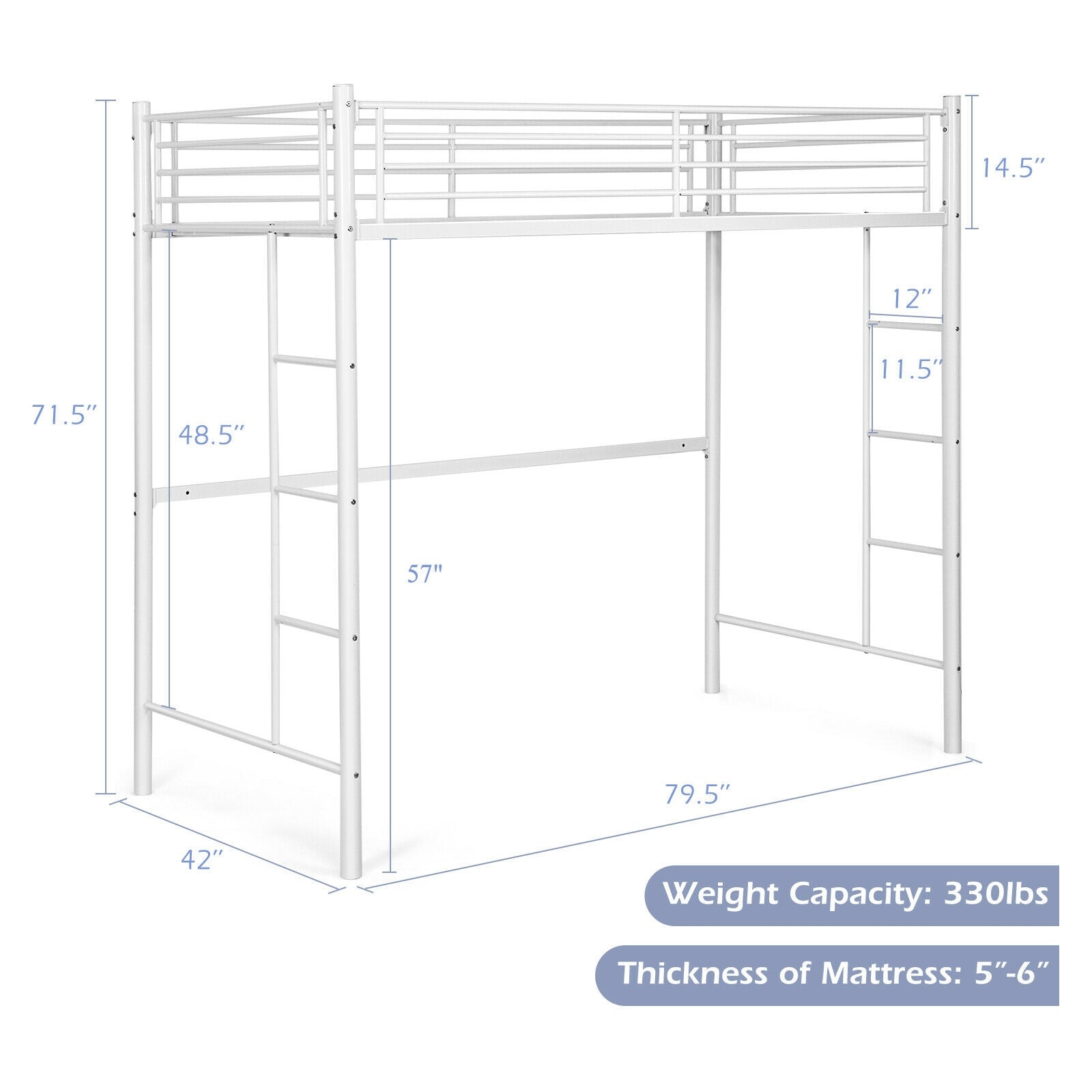 Twin Loft Bed Frame with 2 Ladders Full-length Guardrail -White